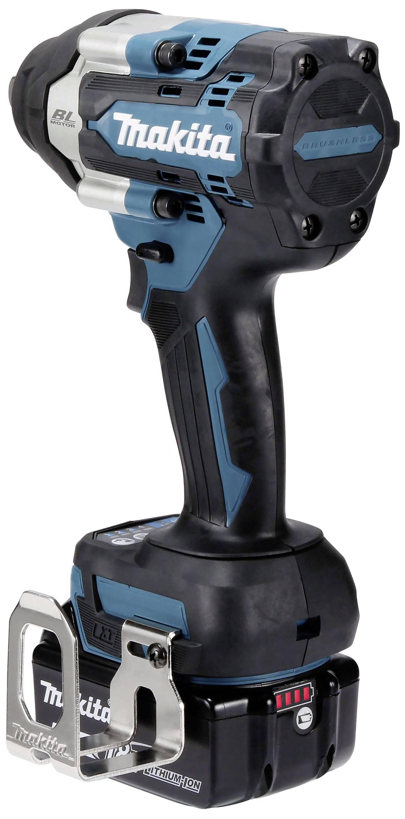 Akkubohrmaschine mit blau-schwarzem Gehäuse, Metallgürtelclip und Akkupack.