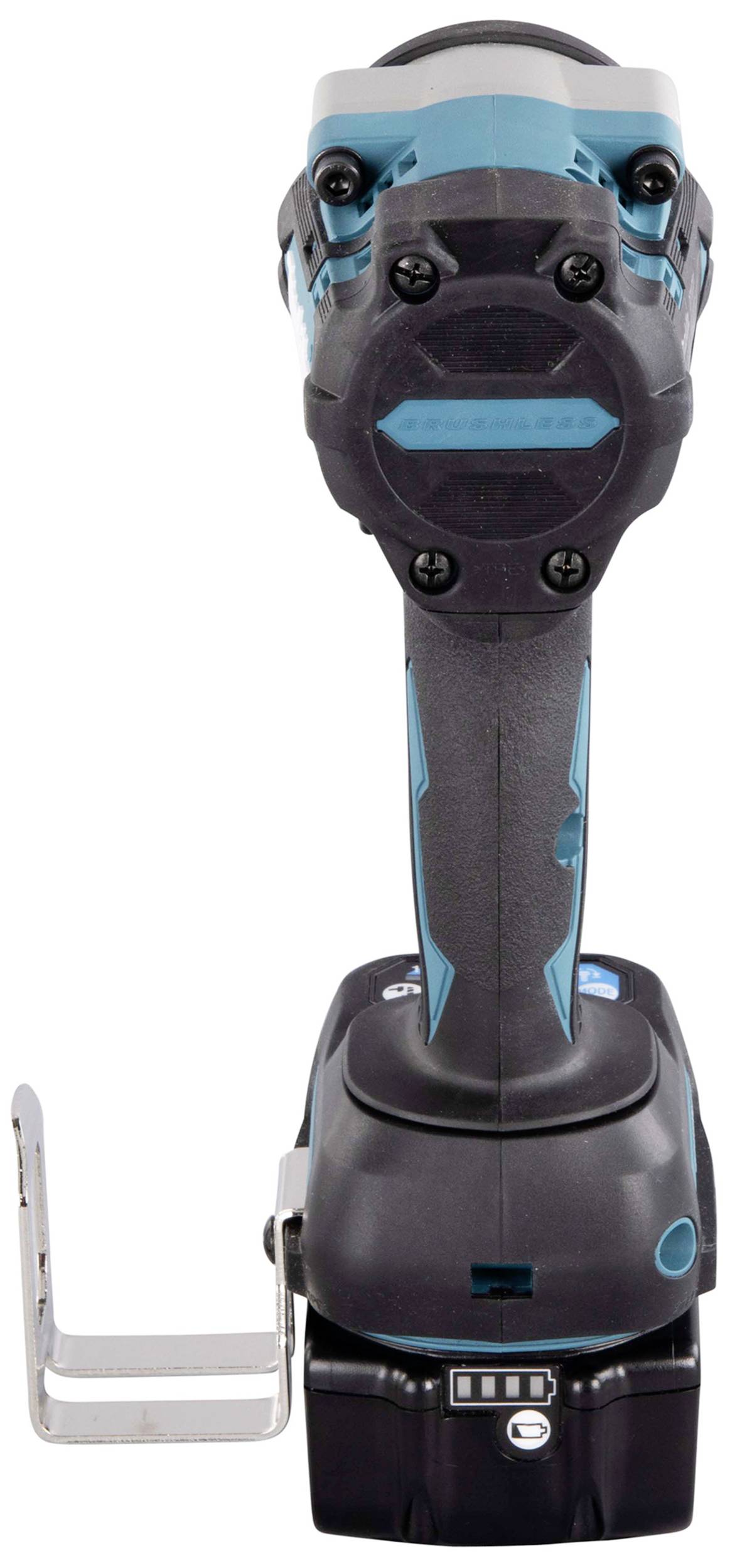 Ein kabelloser Bohrschrauber mit blau-schwarzem Gehäuse, Metallhalterung an der Seite und einer Batterie am unteren Ende.