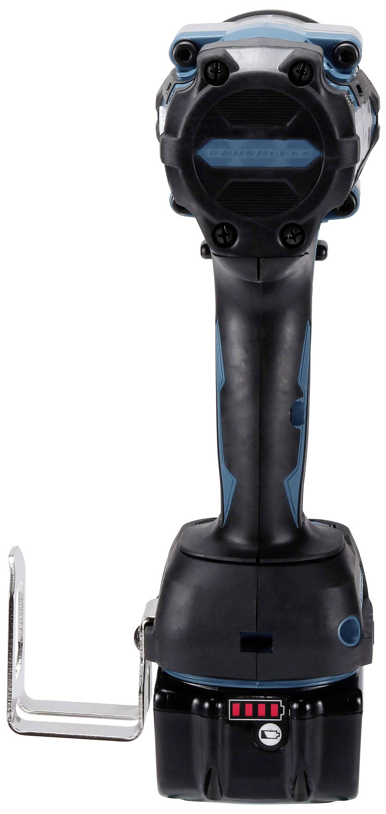 Ein schwarz-blauer, kabelloser Akkuschrauber mit Aufhängehaken und Akkustatusanzeige im Griffbereich.