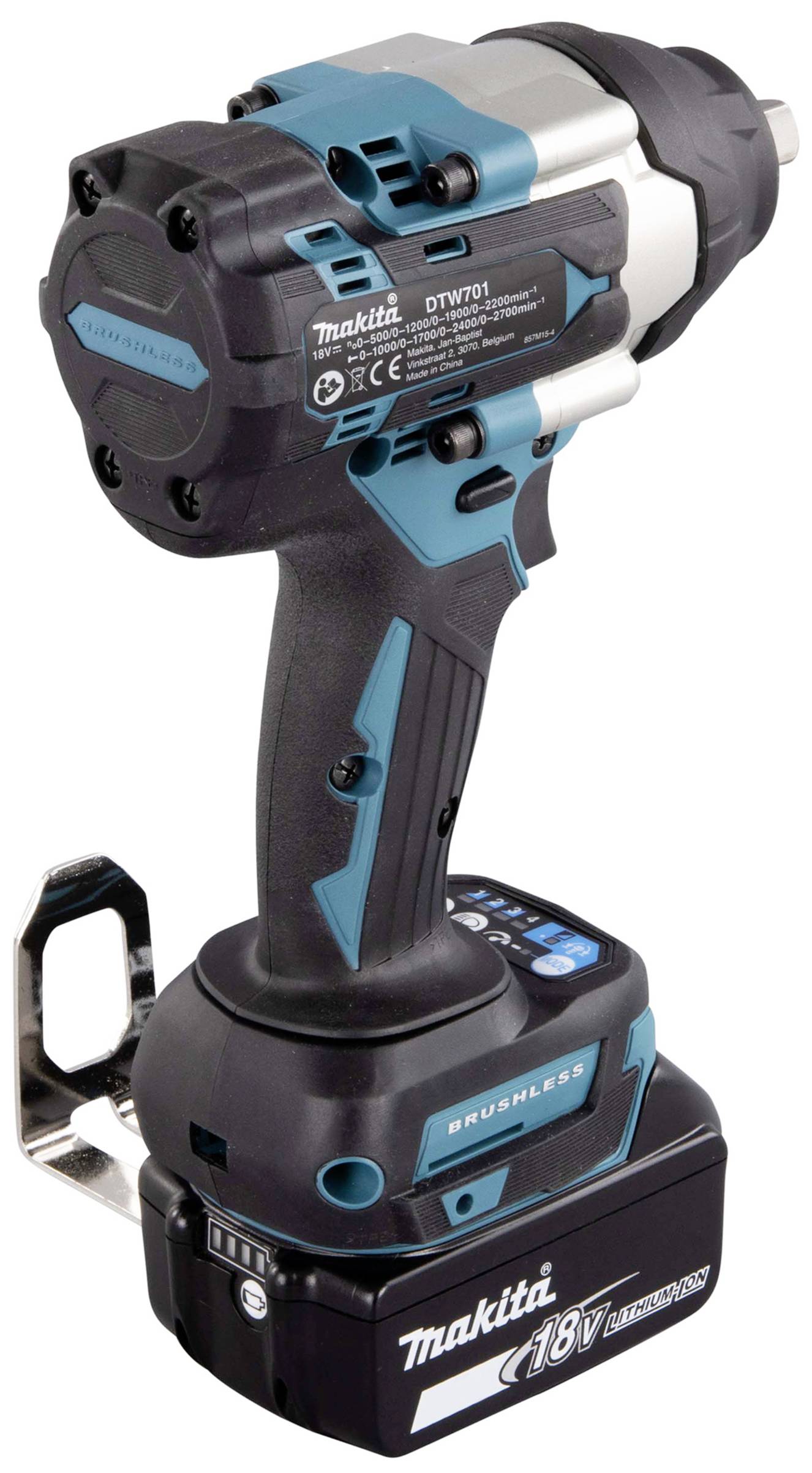 Akkuschlagschrauber der Marke Makita, Modell DTD171, mit 18V Lithium-Ionen-Akku und bürstenlosem Motor, schwarz-türkisfarben.