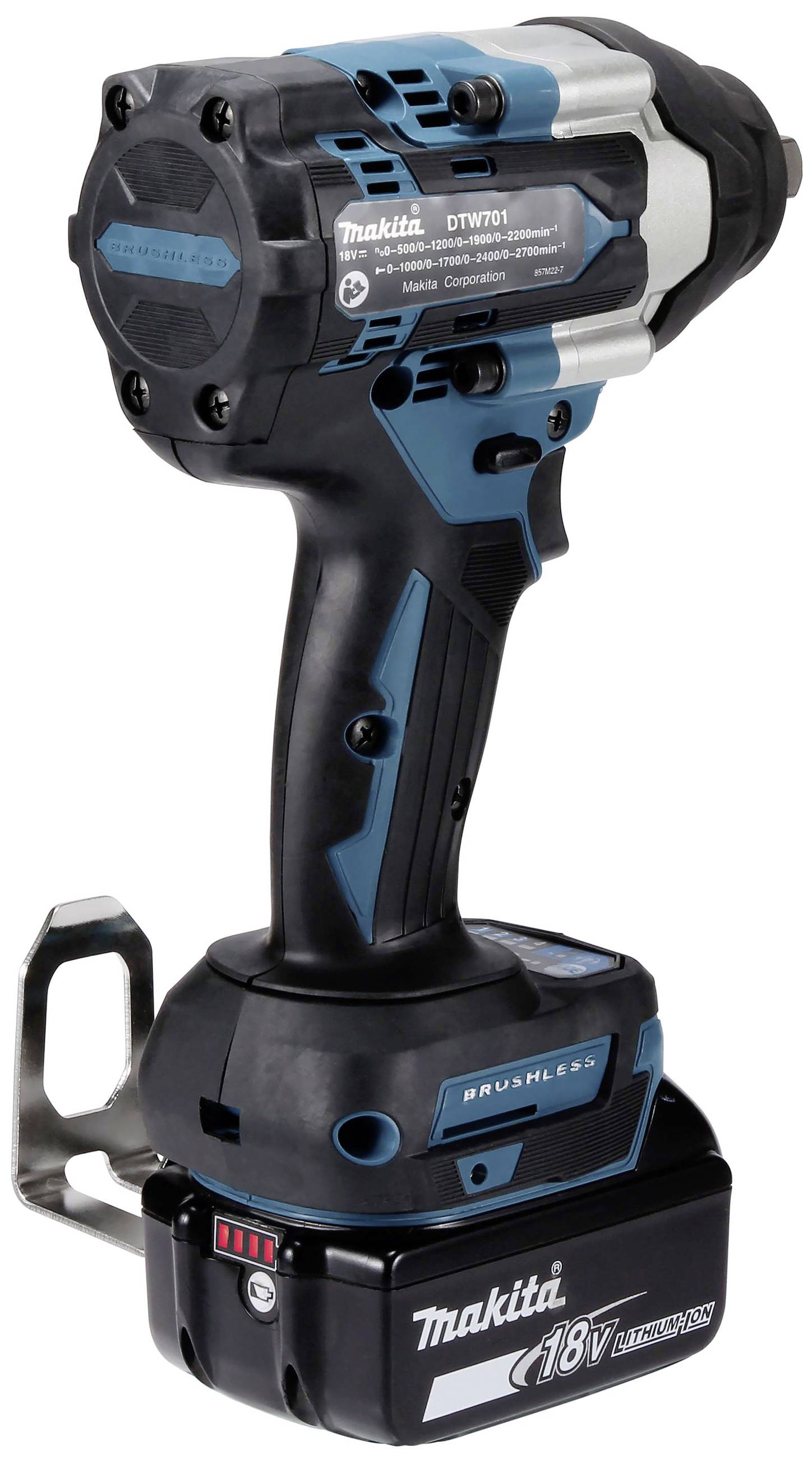 Akku-Schlagschrauber von Makita mit 18V Lithium-Ionen-Akku, schwarzes und blaues Gehäuse, robuste Bauweise für Bauarbeiten.