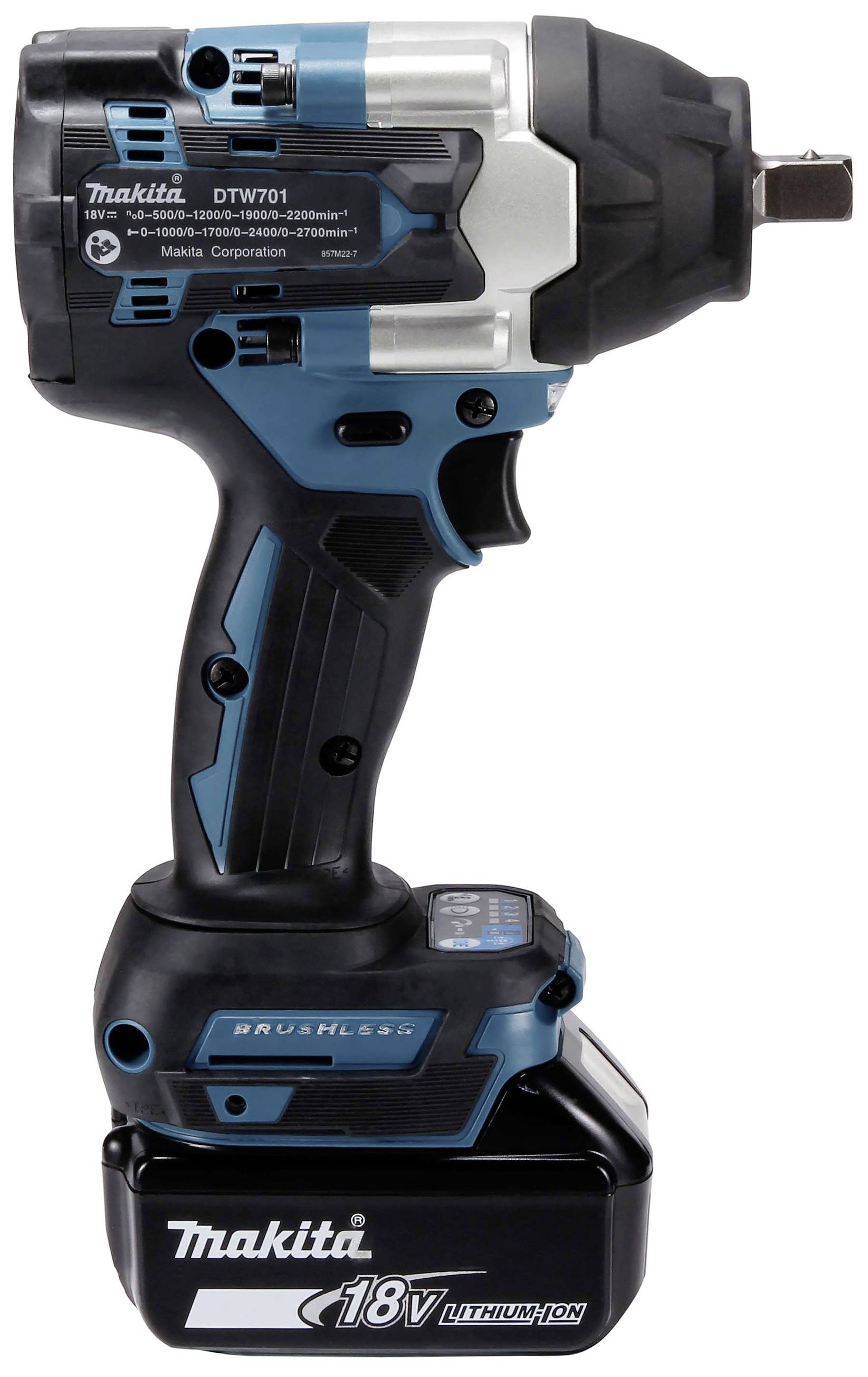 Akkuschlagschrauber von Makita, Modell DTW701, mit 18V-Lithium-Ionen-Akku. Das Gerät ist schwarz und blau mit ergonomischem Griff.