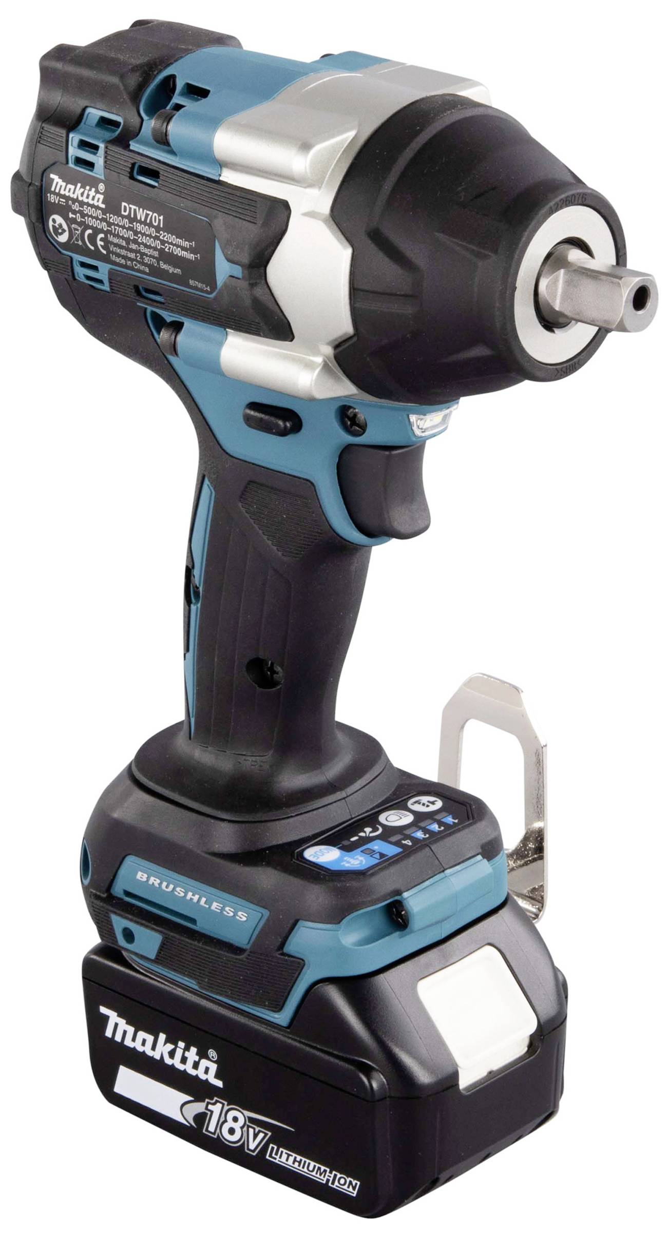 Akkuschlagschrauber, 18V, in Blau und Schwarz mit ergonomischem Griff, Bürstenloser Motor, Metallhalterung. Makita-Logo sichtbar.