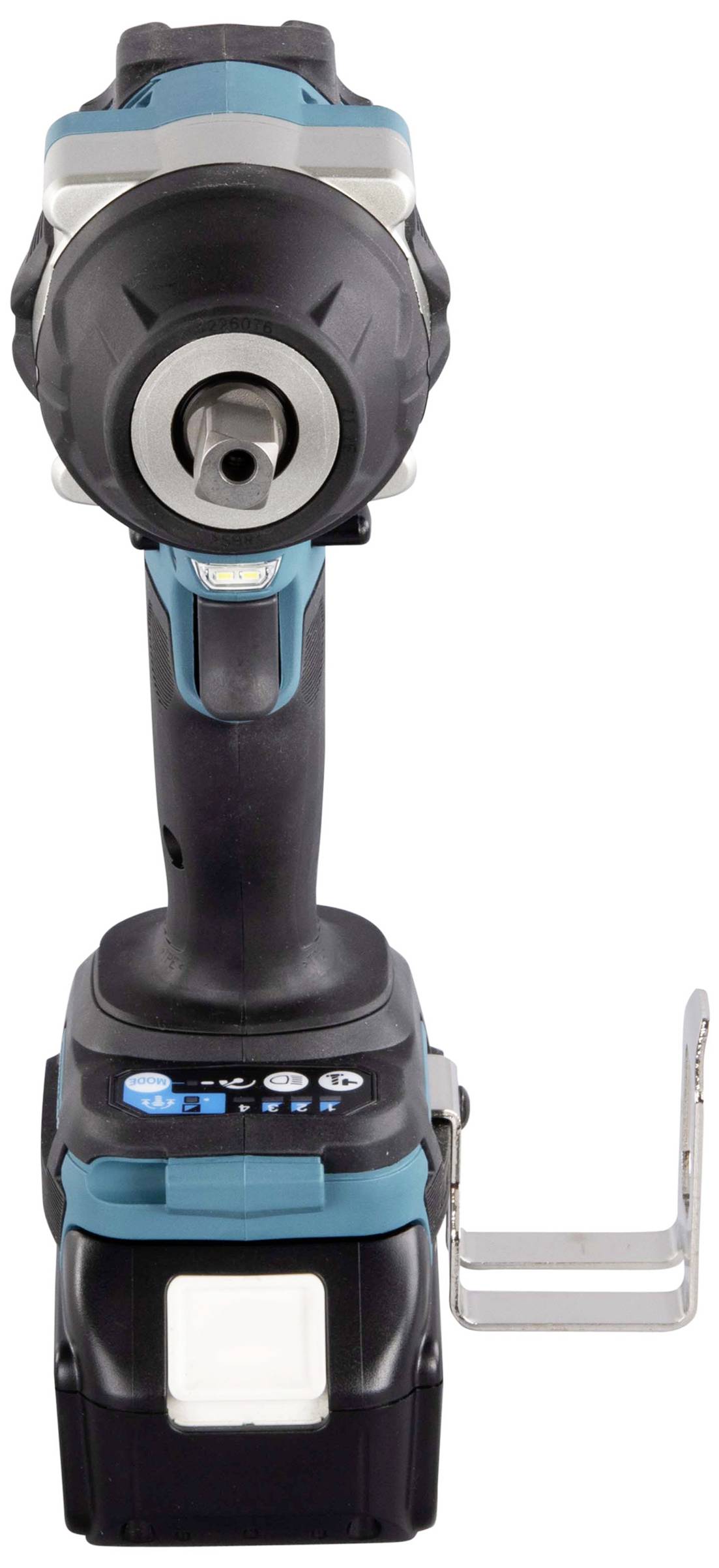 Akku-Bohrschrauber in schwarzem und blauem Design mit Metallhaken an der Seite, frontal abgebildet.