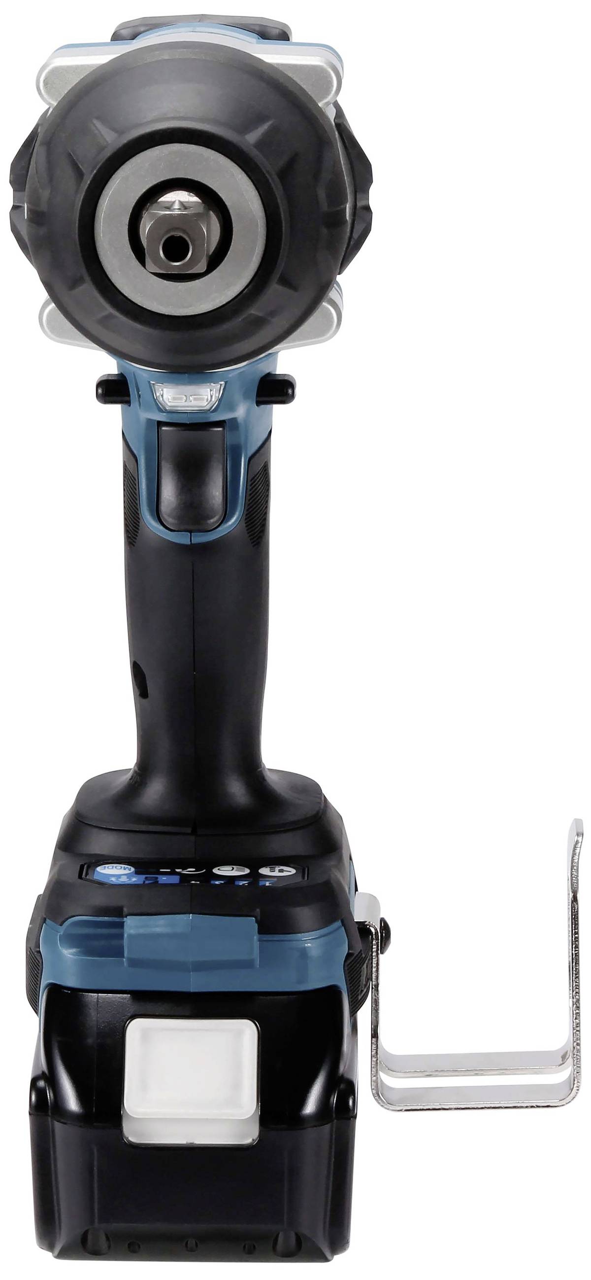 Akkuschrauber in Frontalansicht mit blau-schwarzem Gehäuse und Metalldetail an der rechten Seite.