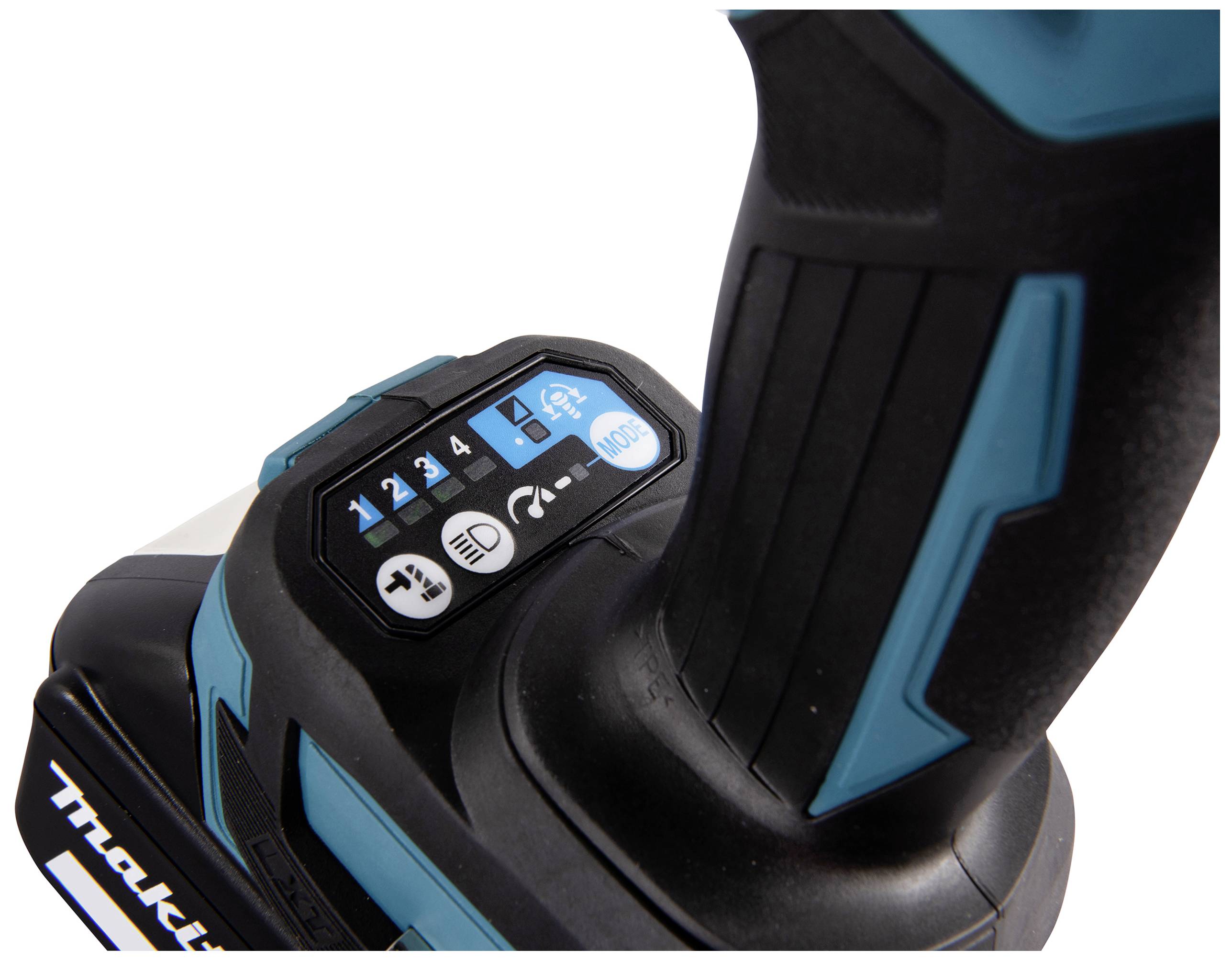 Akku-Bohrschrauber mit vier blauen LED-Anzeigen und drei Bedientasten am Griff. Markenname auf dem Gerät sichtbar.