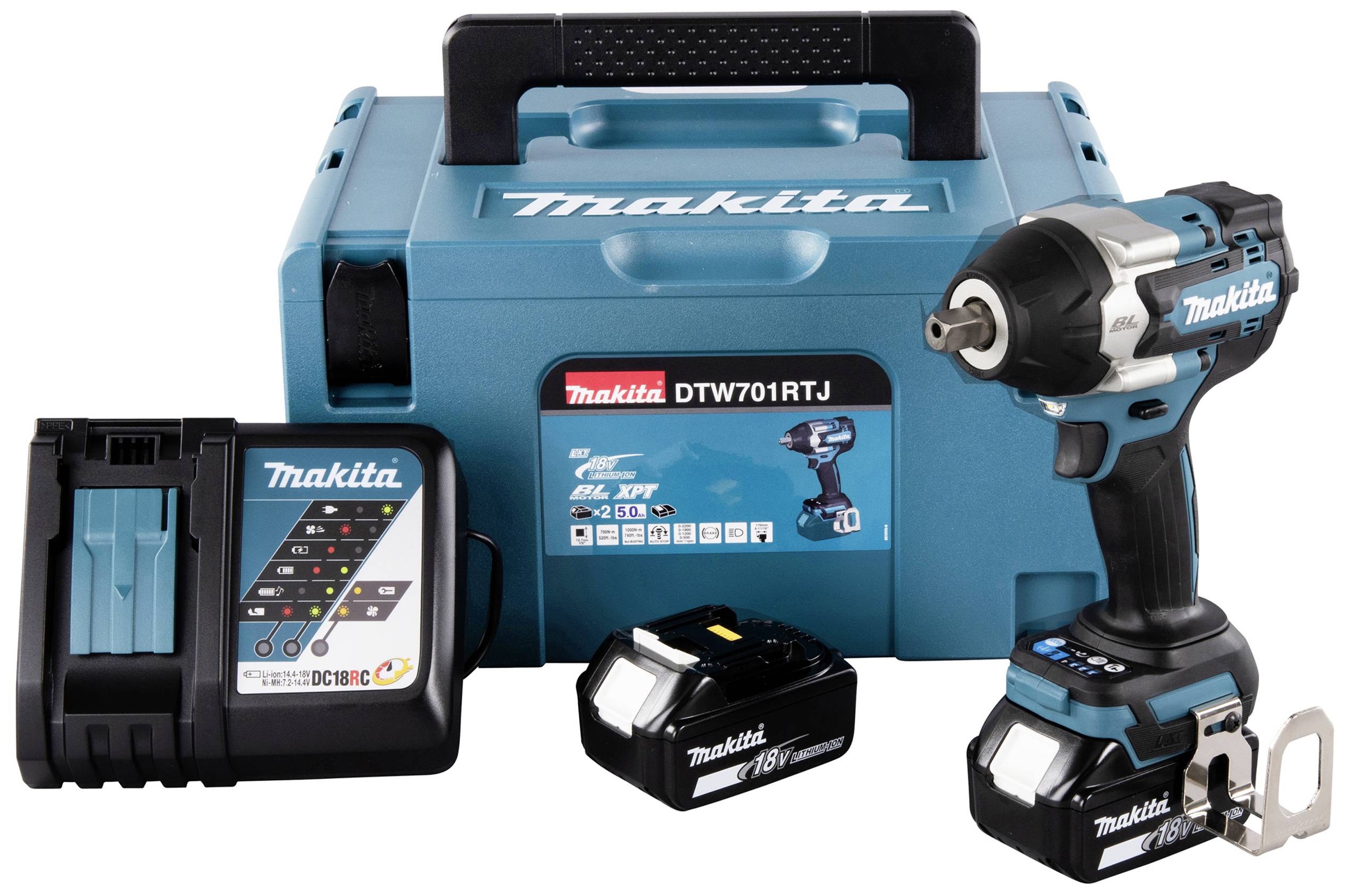 Werkzeug-Set mit Akkuschlagschrauber, Ladegerät, Akku und Koffer von Makita. Hauptfarbe ist Blau. Modellnummer: DTW701RTJ.