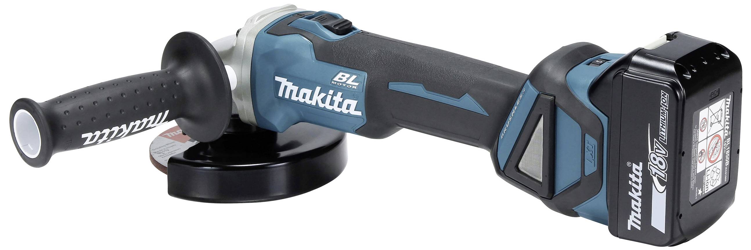 Akku-Winkelschleifer mit ergonomischem Griff und zusätzlichem Handgriff. Werkzeugmarke ist deutlich sichtbar auf dem Gehäuse.