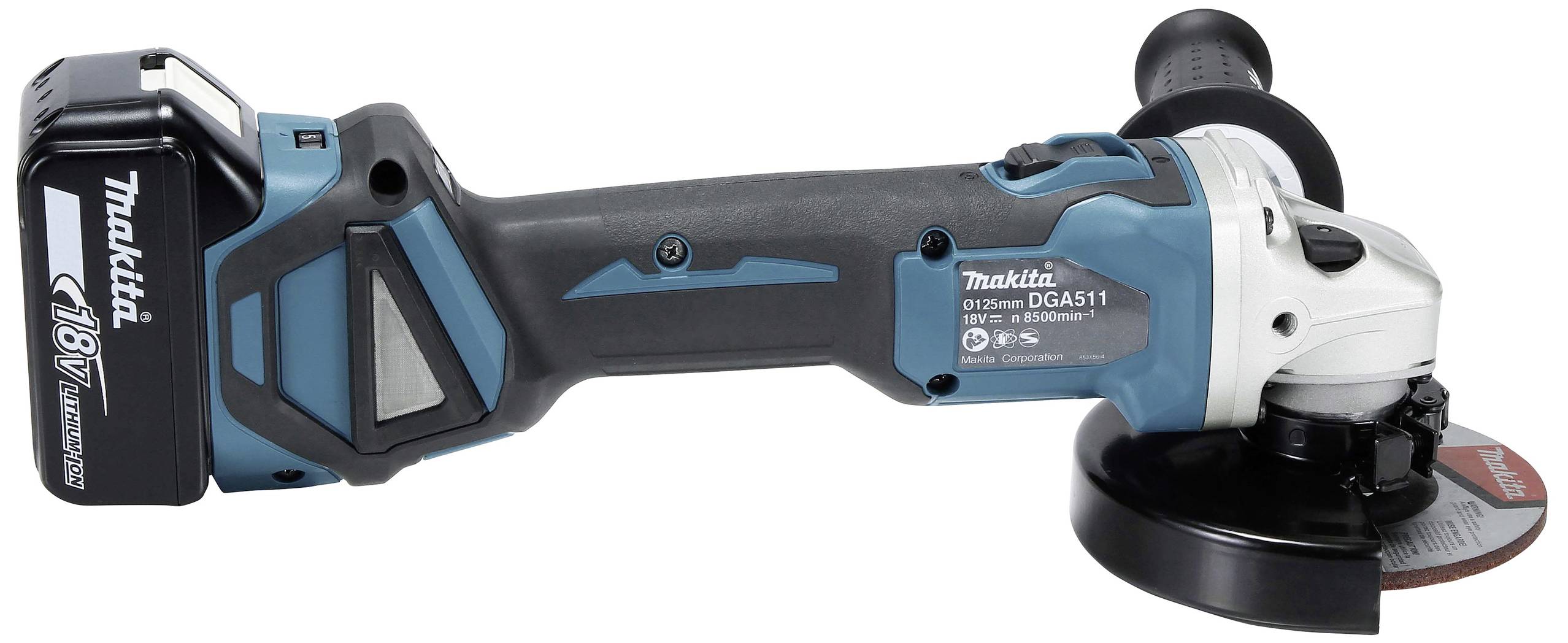 Akkubetriebener Winkelschleifer in Blau und Schwarz, Modell Makita DGA511, mit einem 18V Akku und Schleifscheibe installliert.