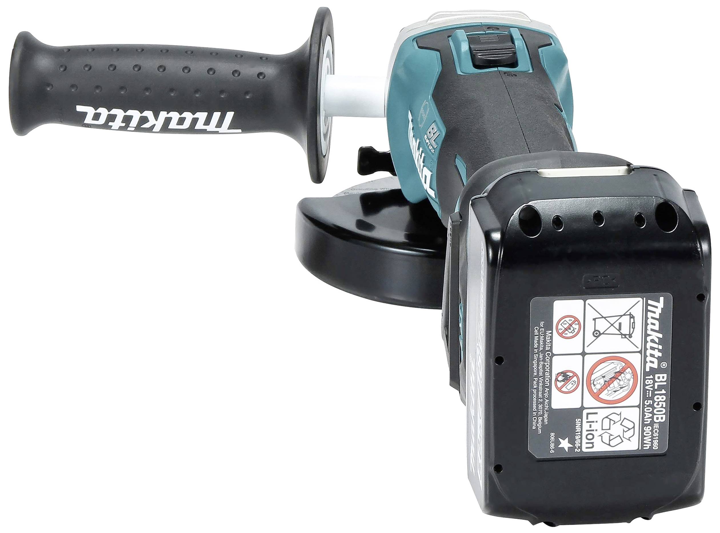 Eine Makita-Winkelschleifermaschine mit schwarzem Griff und blauer Abdeckung; mit Akkubetrieb, Modell BL1850B.