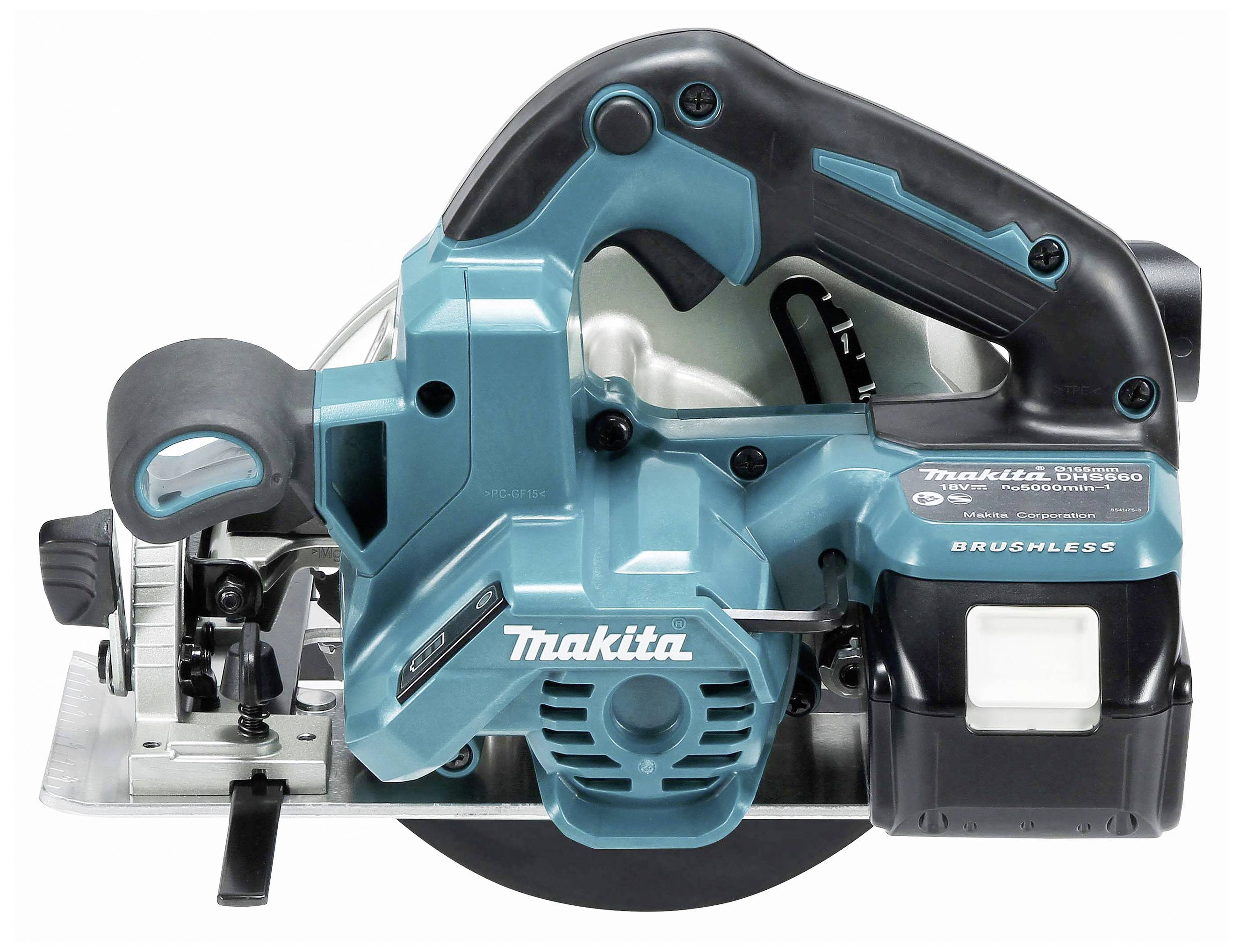 Akkubetriebene Handkreissäge in Blau und Schwarz von Makita. Die Säge hat ein ergonomisches Design und eine Bürstenlos-Kennzeichnung.