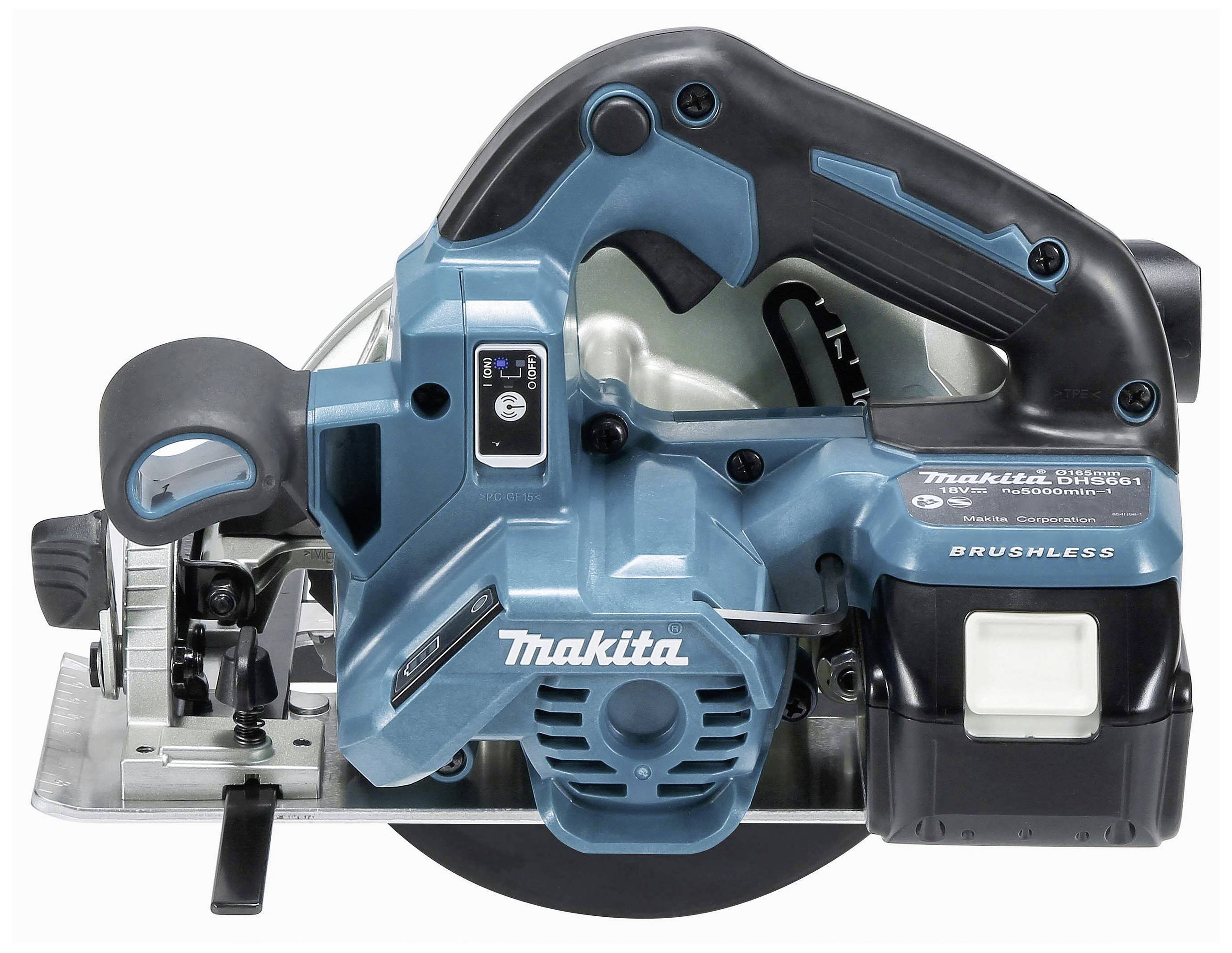 Handkreissäge mit blauem Gehäuse und schwarzem Griff. Marke sichtbar auf der Seite.