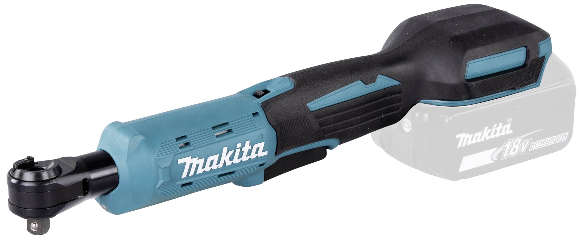 Ein kabelloser Winkelschlagschrauber von Makita, schwarz und blau, mit ergonomischem Griff und 18V Lithium-Ionen-Akku.