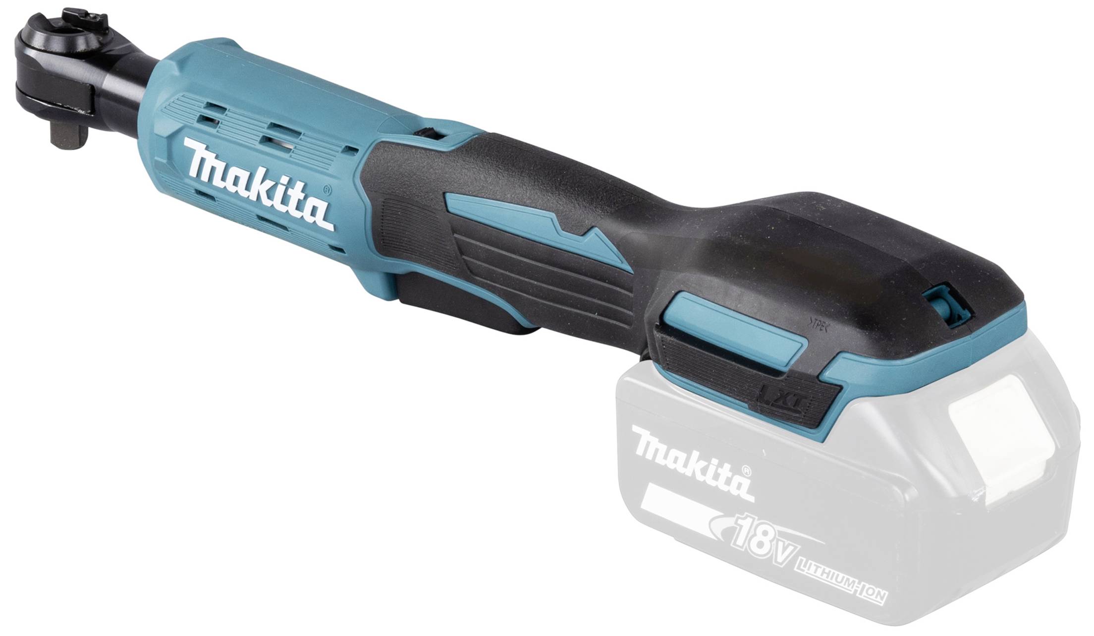 Ein kabelloses, blau-schwarzes Winkelschlagschrauber-Werkzeug mit dem Markennamen 'Makita', angetrieben von einem 18V Akku.