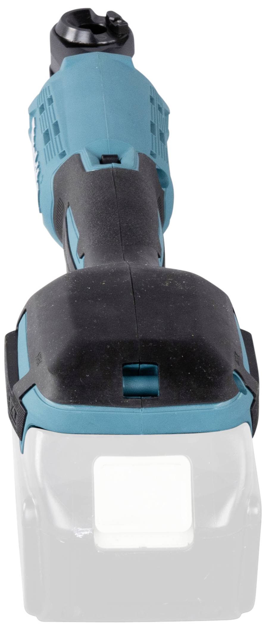 Kabellose, blaue Handlampe mit schwarzem Griff und weißem Leuchtfeld, geeignet für Werkstatt- oder Heimwerkerarbeiten.