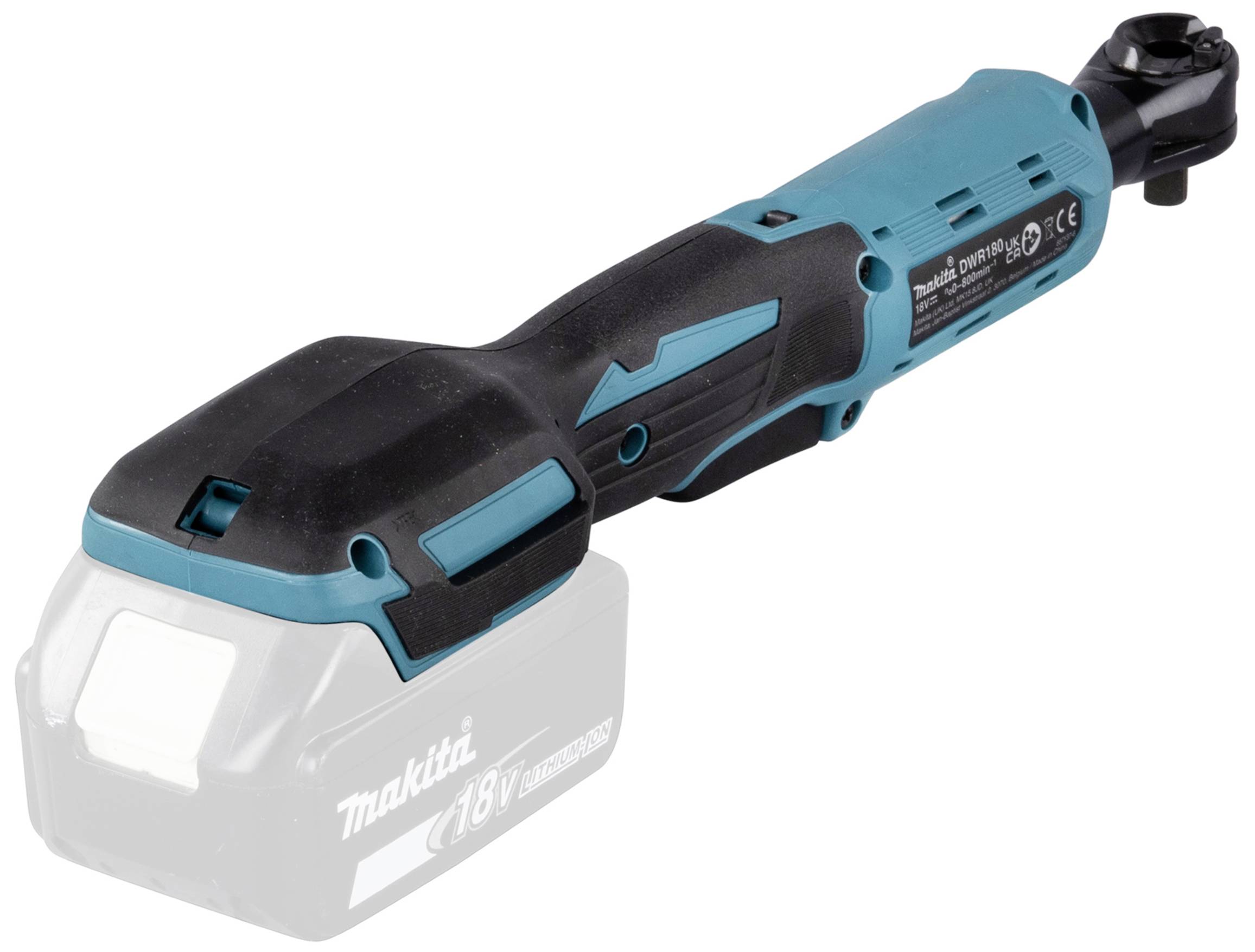 Makita Akku-Knarre mit blau-schwarzem Gehäuse, ohne Akku. Geeignet für Schraubarbeiten an schwer zugänglichen Stellen.