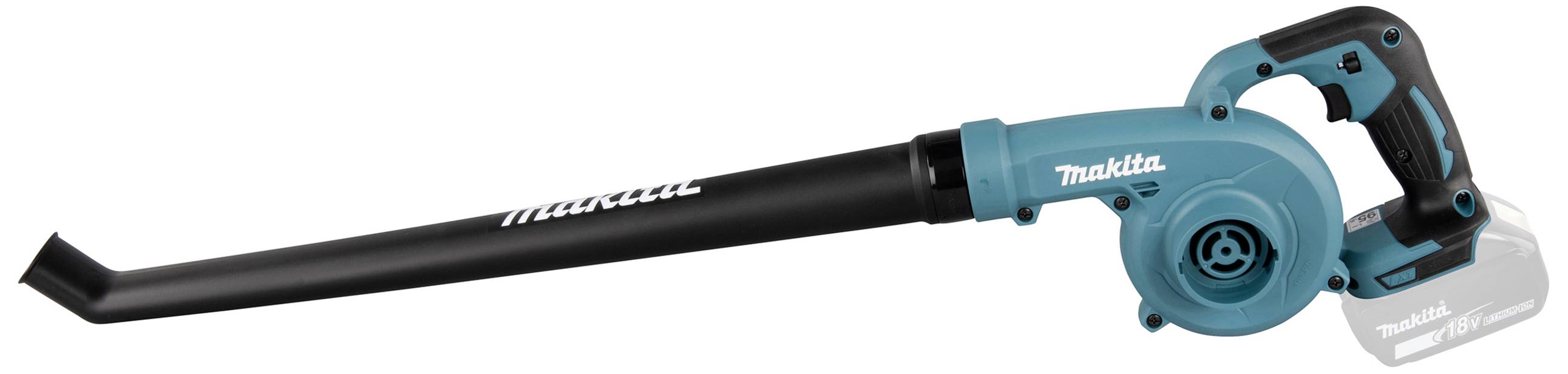Ein blauer Makita Akku-Laubbläser mit einem langen, schwarzen Ausblasrohr, geeignet für Gartenarbeiten.