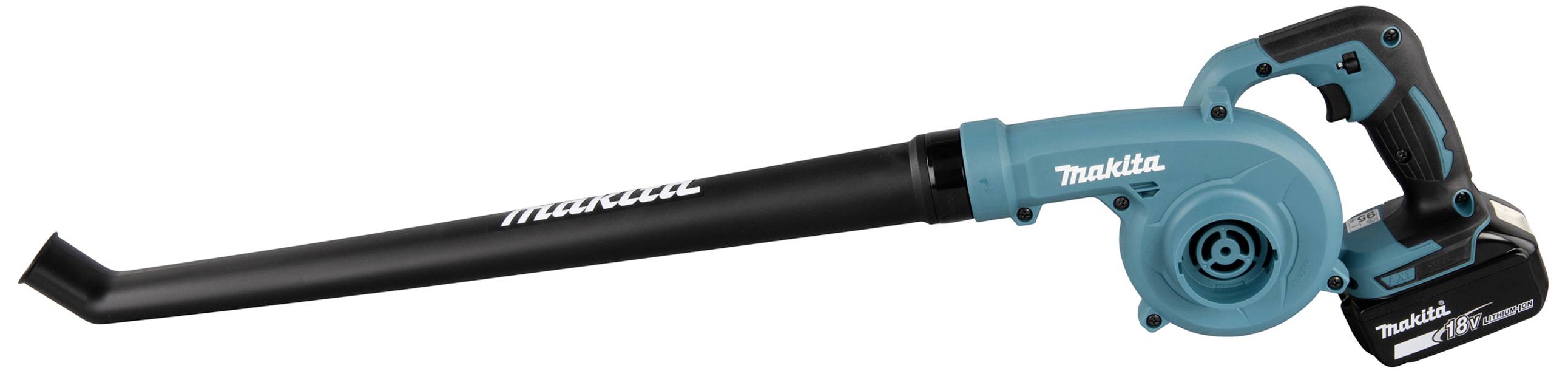 Kabelloser grüner Laubbläser von Makita mit langem schwarzem Rohr und ergonomischem Griff zum Reinigen von Blättern und Schmutz.