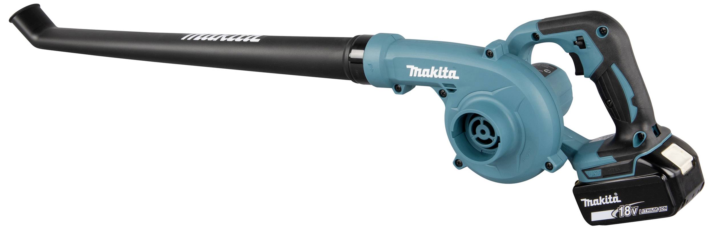 Ein blauer, kabelloser Laubbläser mit schwarzem Griff und langem, schmalem Luftrohr. Markenaufschrift 'Makita' darauf abgebildet.