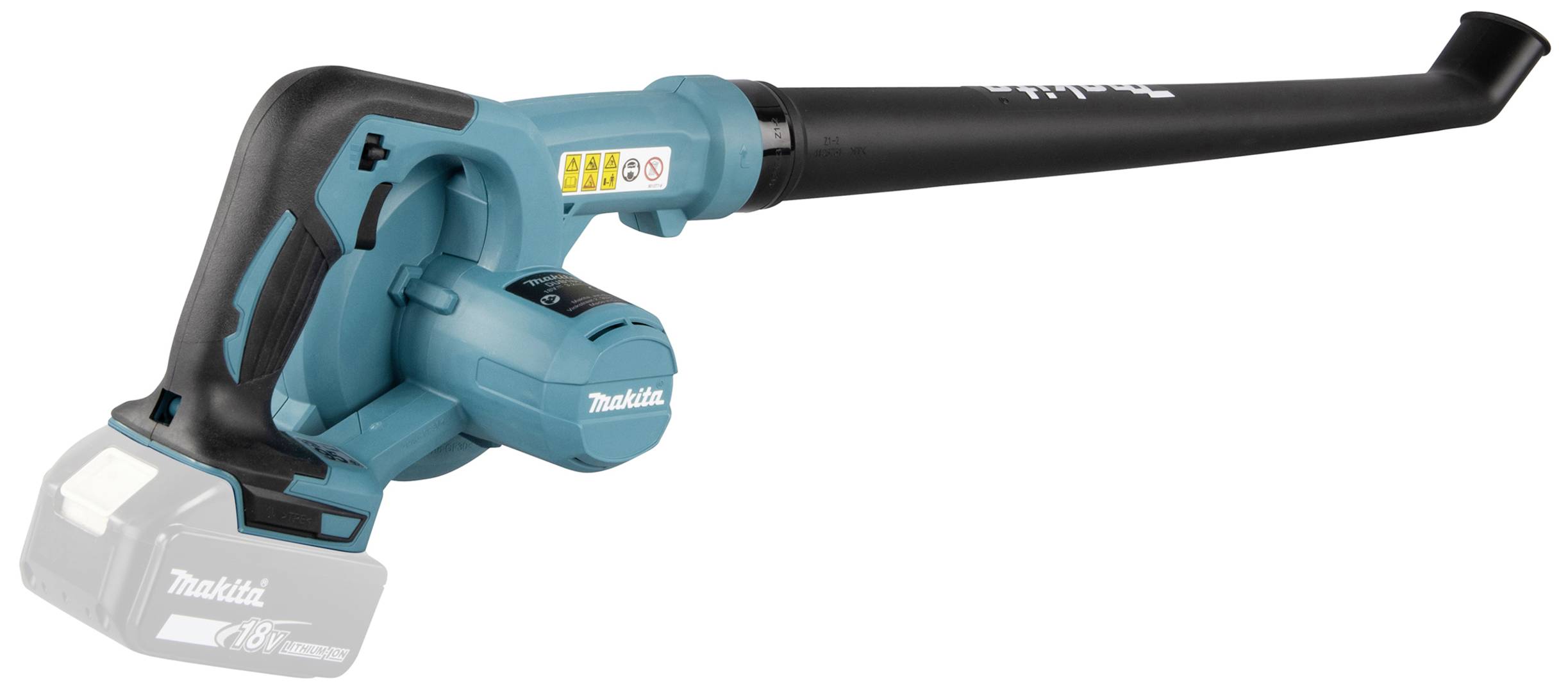 Ein tragbarer, batteriebetriebener Laubbläser in einem türkisfarbenen Gehäuse mit langem, schwarzem Rohr. Ideal für Gartenarbeiten.