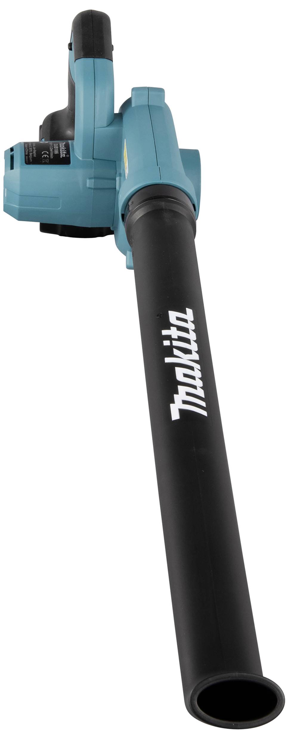 Ein blauer, batteriebetriebener Laubbläser mit langem schwarzen Rohr. Gerät von Makita.
