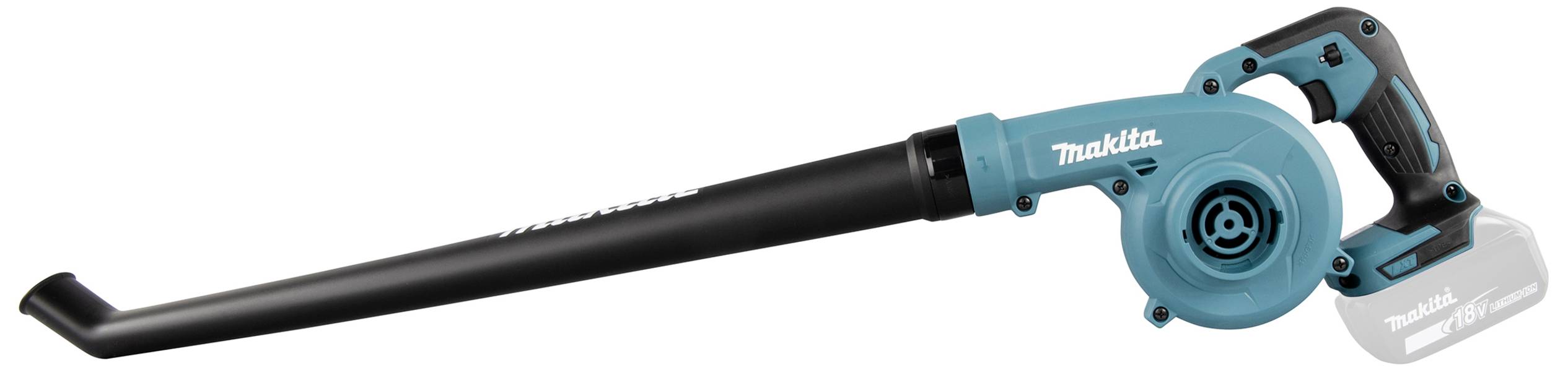 Ein kabelloser, blauer Makita-Laubbläser mit langem schwarzem Rohr, geeignet für Gartenarbeiten.