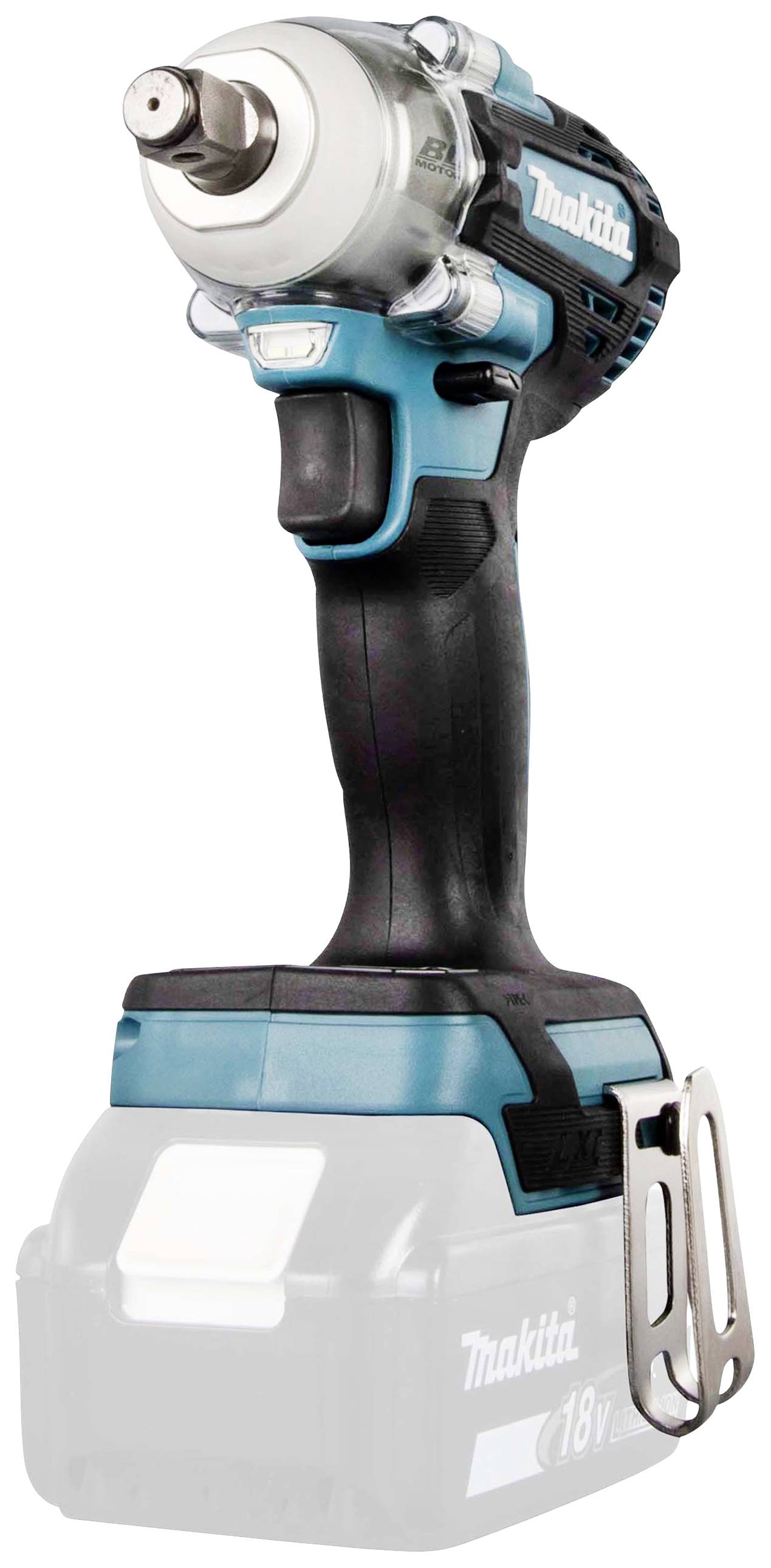 Akkuschlagschrauber mit blau-schwarzem Gehäuse, silbernem Kopf und einem Halter für einen 18V-Akku, der nicht eingesetzt ist.