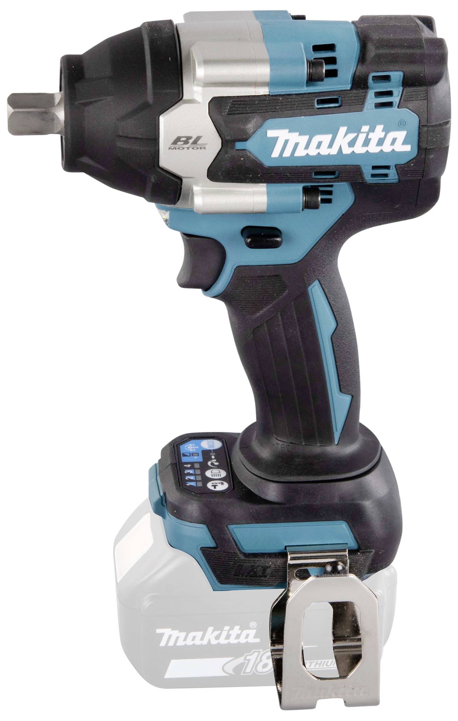 Akkuschlagschrauber der Marke Makita, blau und schwarz, steht aufrecht. Klar sichtbare Markierung auf der Gehäuseseite, kompakte Bauweise.