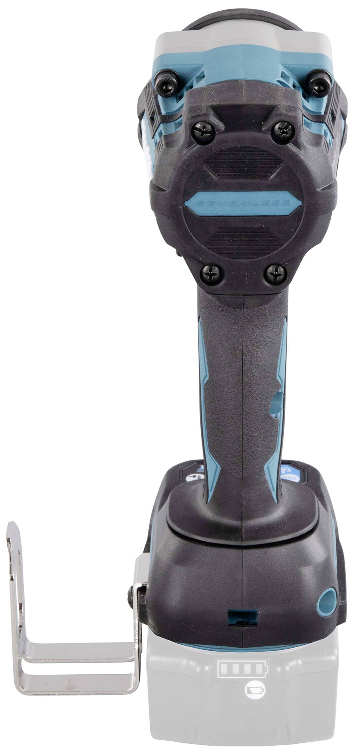 Ein kabelloser Bohrschrauber mit blau-schwarzem Gehäuse und silbernem Halter, von hinten gesehen.