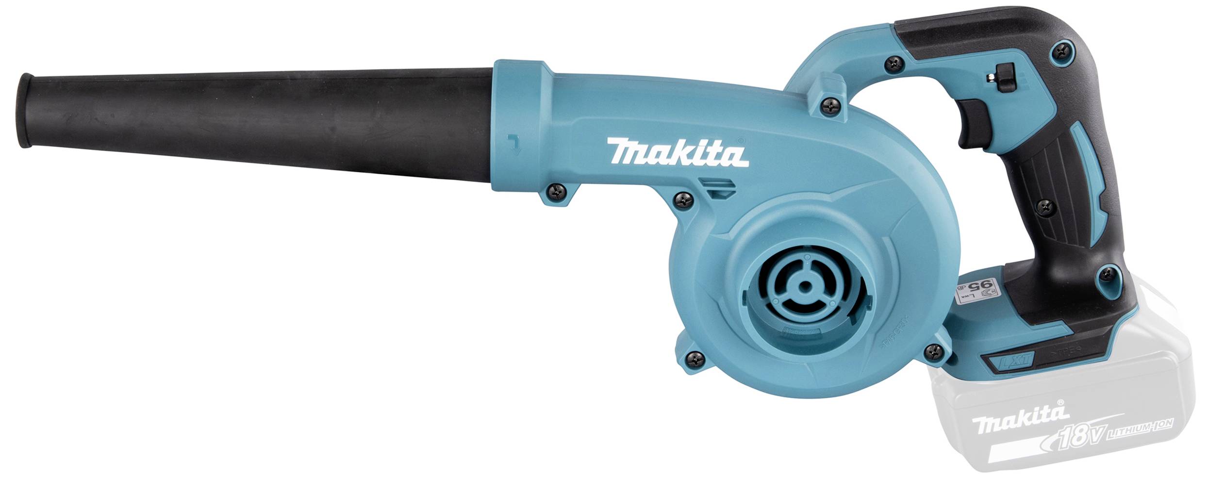 Akkubetriebener Laubbläser in Blau mit schwarzem Griff, ohne Akku.