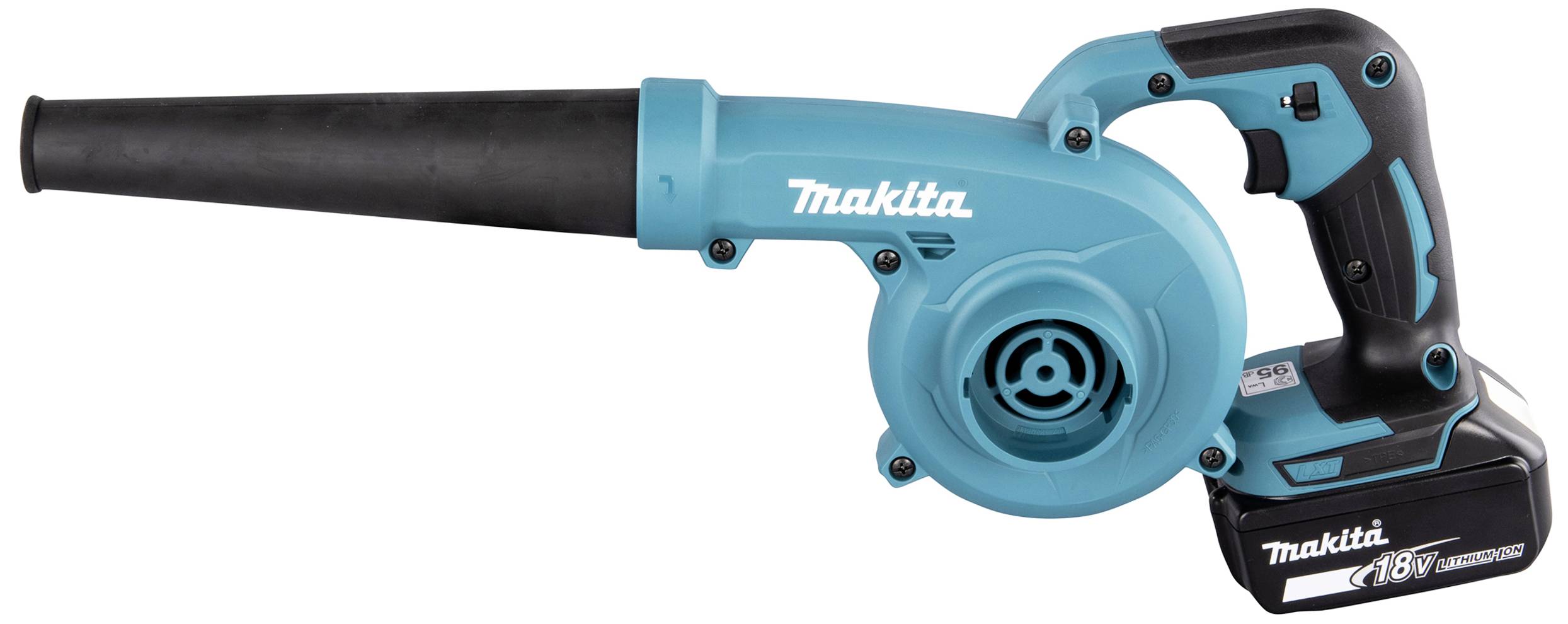 Ein kabelloser, blauer Laubbläser mit schwarzem Griff und Akkufach. Markenname 'Makita' ist sichtbar, geeignet für leichte Reinigungsarbeiten.