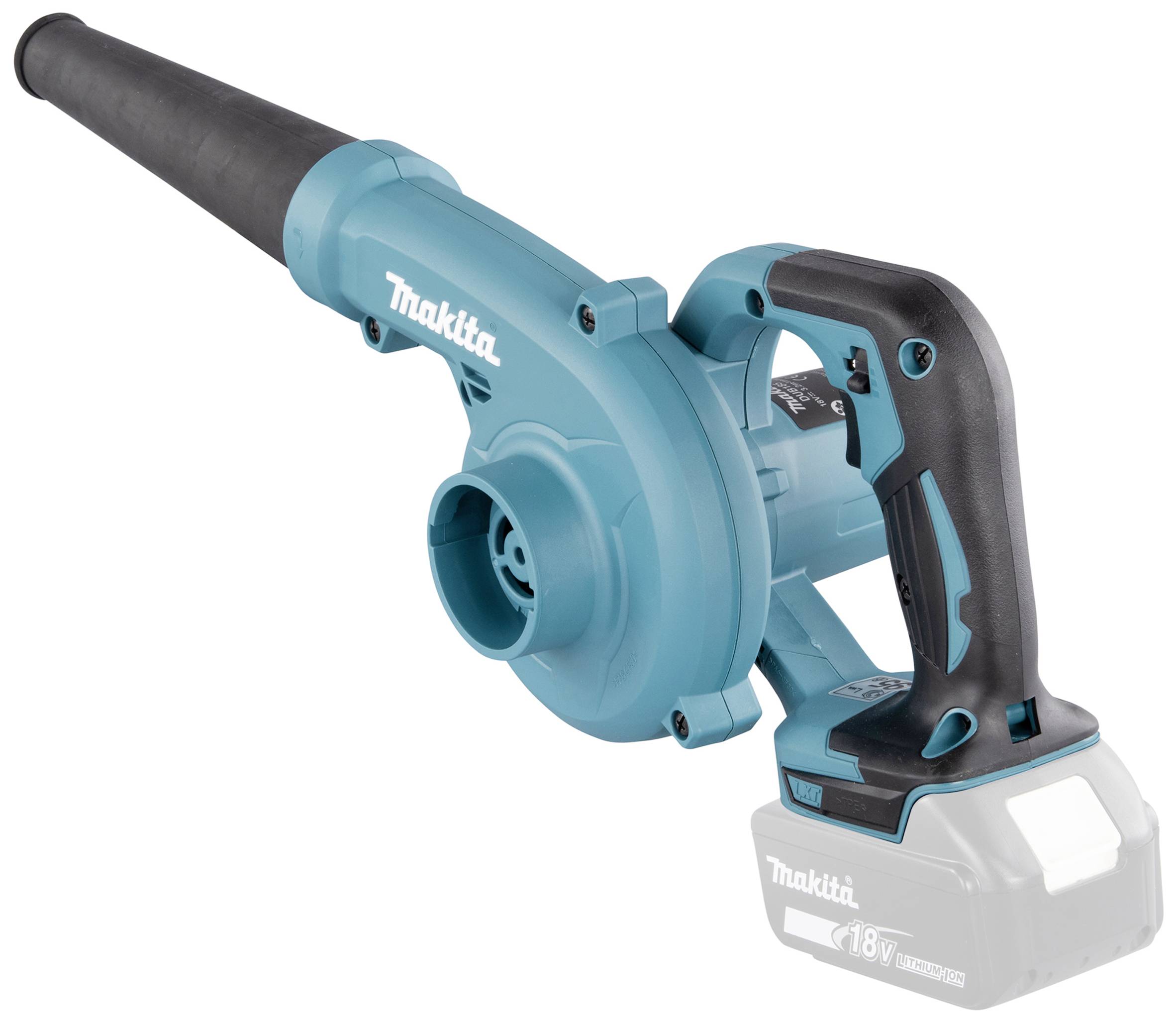 Ein blauer, tragbarer Makita Laubbläser mit schwarzem Griff, verwendet einen 18V-Akku.
