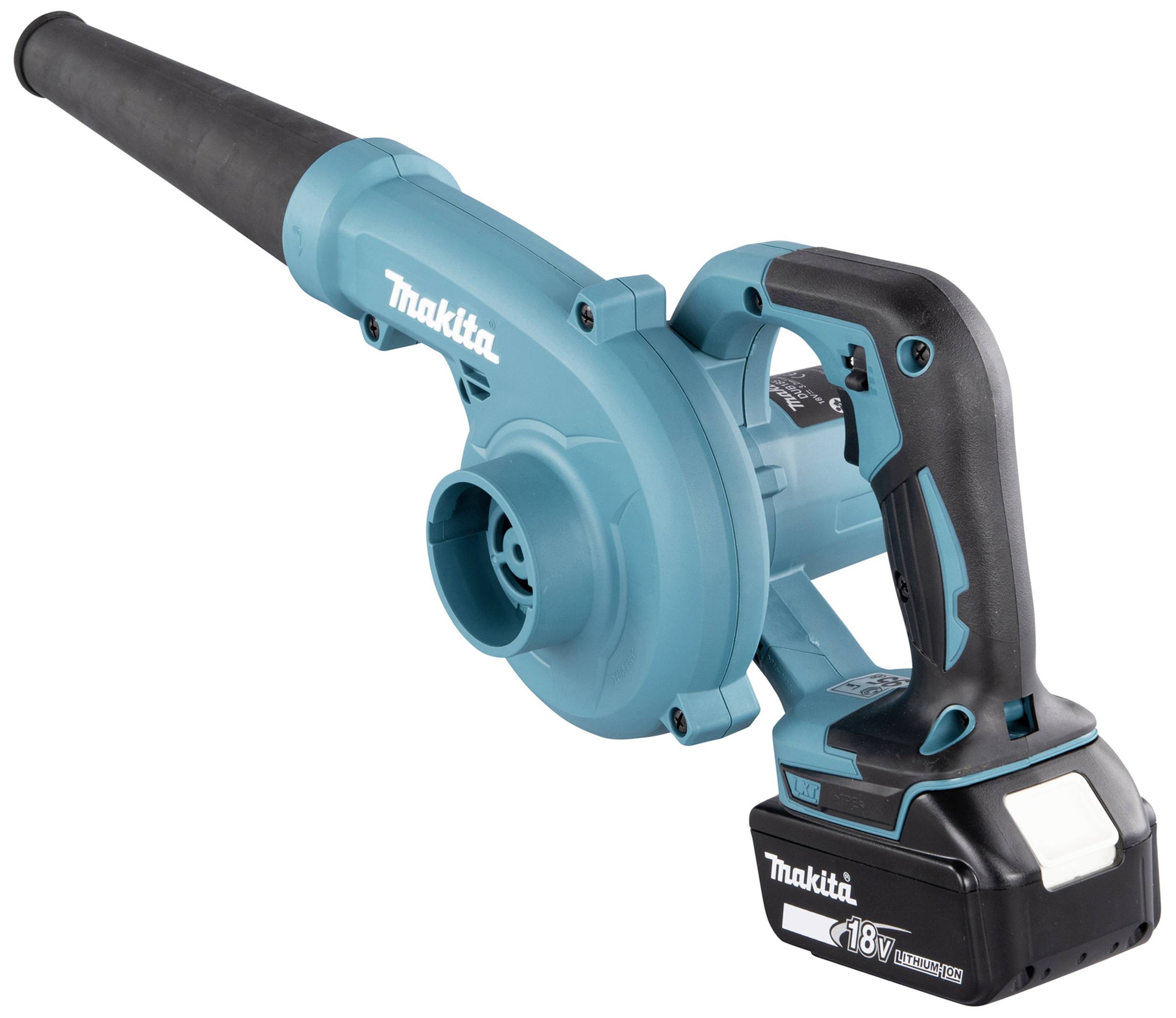 Ein blauer Akku-Laubbläser mit schwarzem Griff und einem 18V Lithium-Ionen-Akku. Geeignet für leichte Reinigungsarbeiten im Freien.