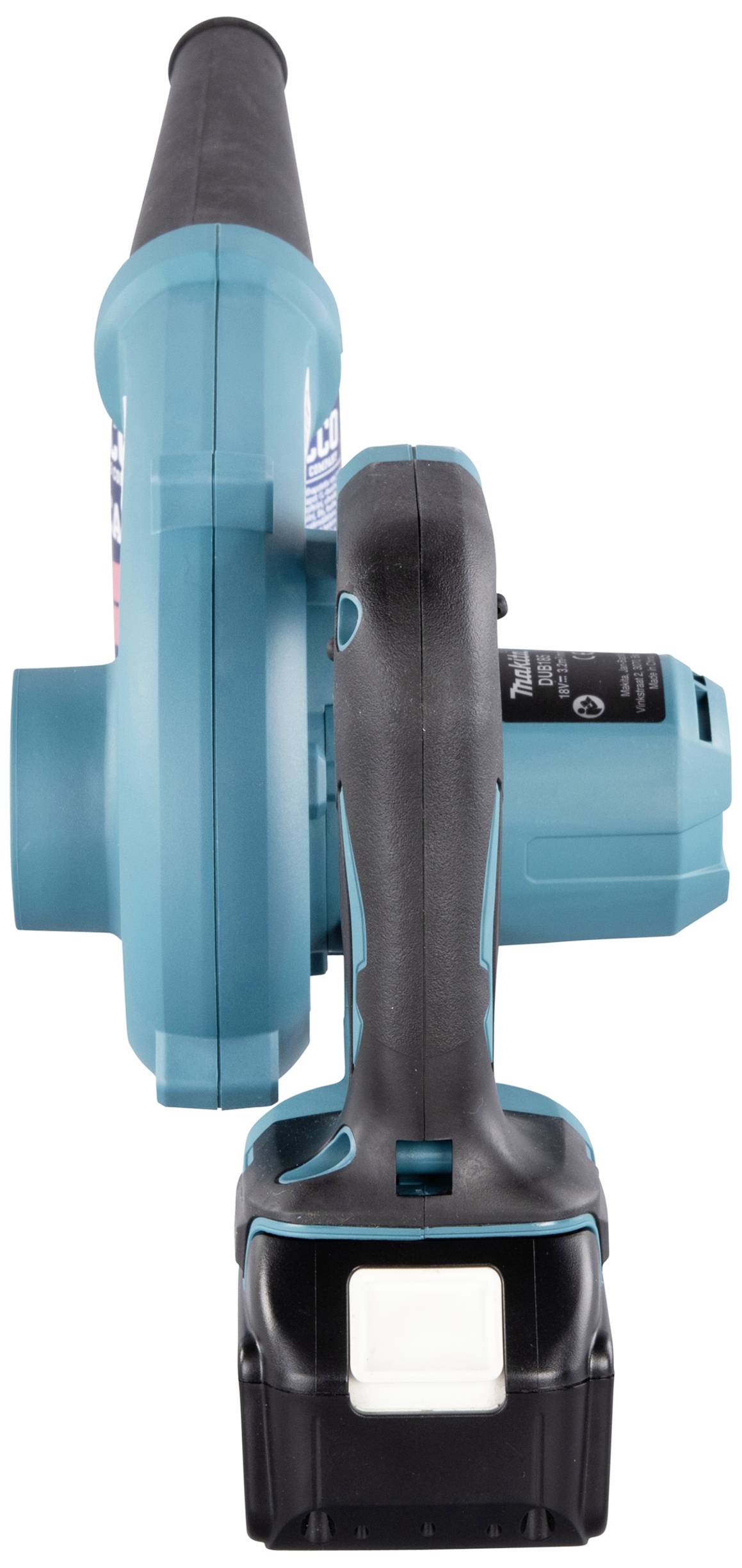 Ein kabelloses, blaues Handgebläse mit ergonomischem Griff und Akkufach. Geeignet zur Reinigung kleinerer Außenbereiche.