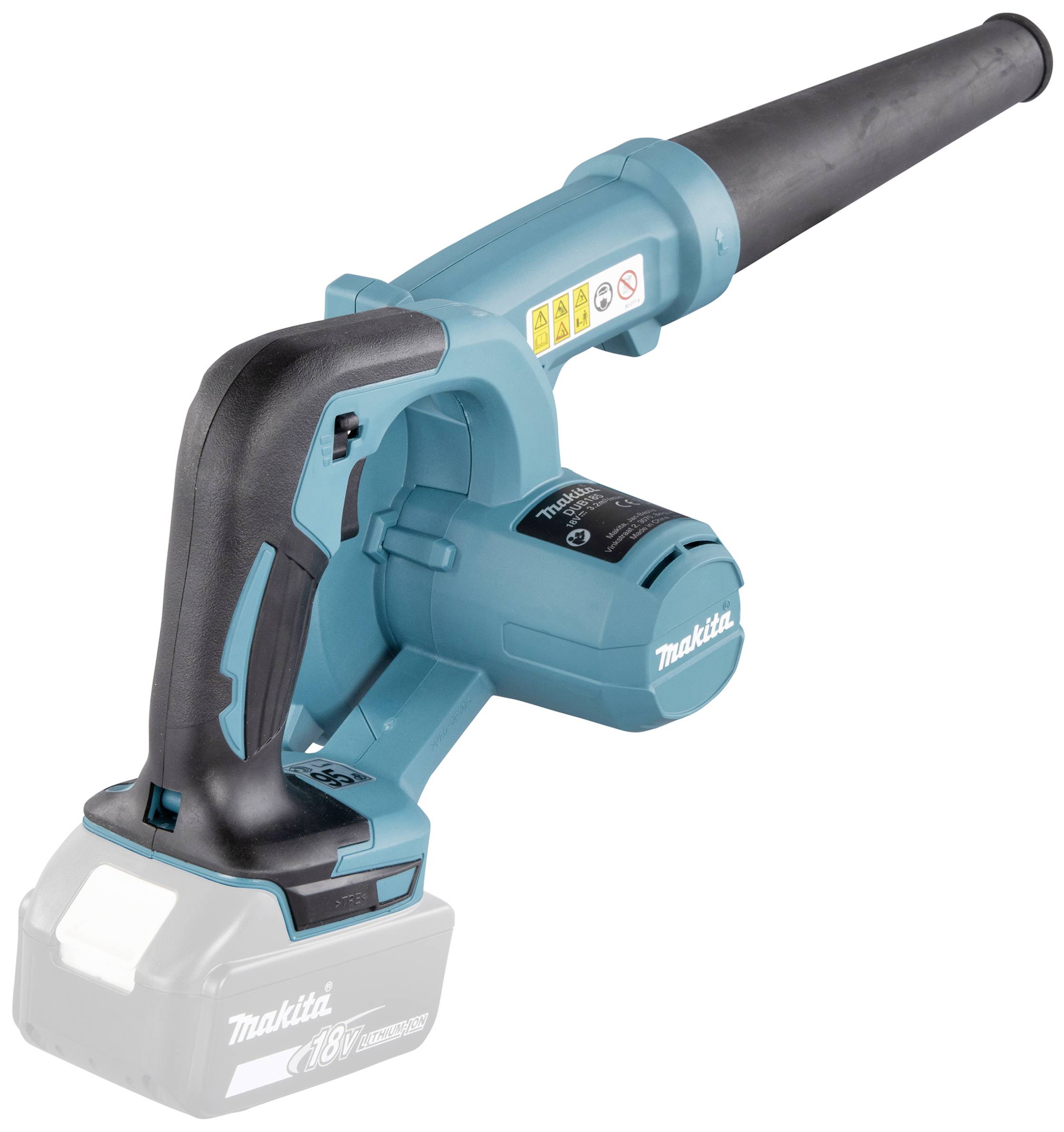 Ein kabelloses, handgehaltenes Laubgebläse von Makita, blau-schwarz, mit einem 18V Li-Ionen-Akku, geeignet für leichte Reinigungsarbeiten.