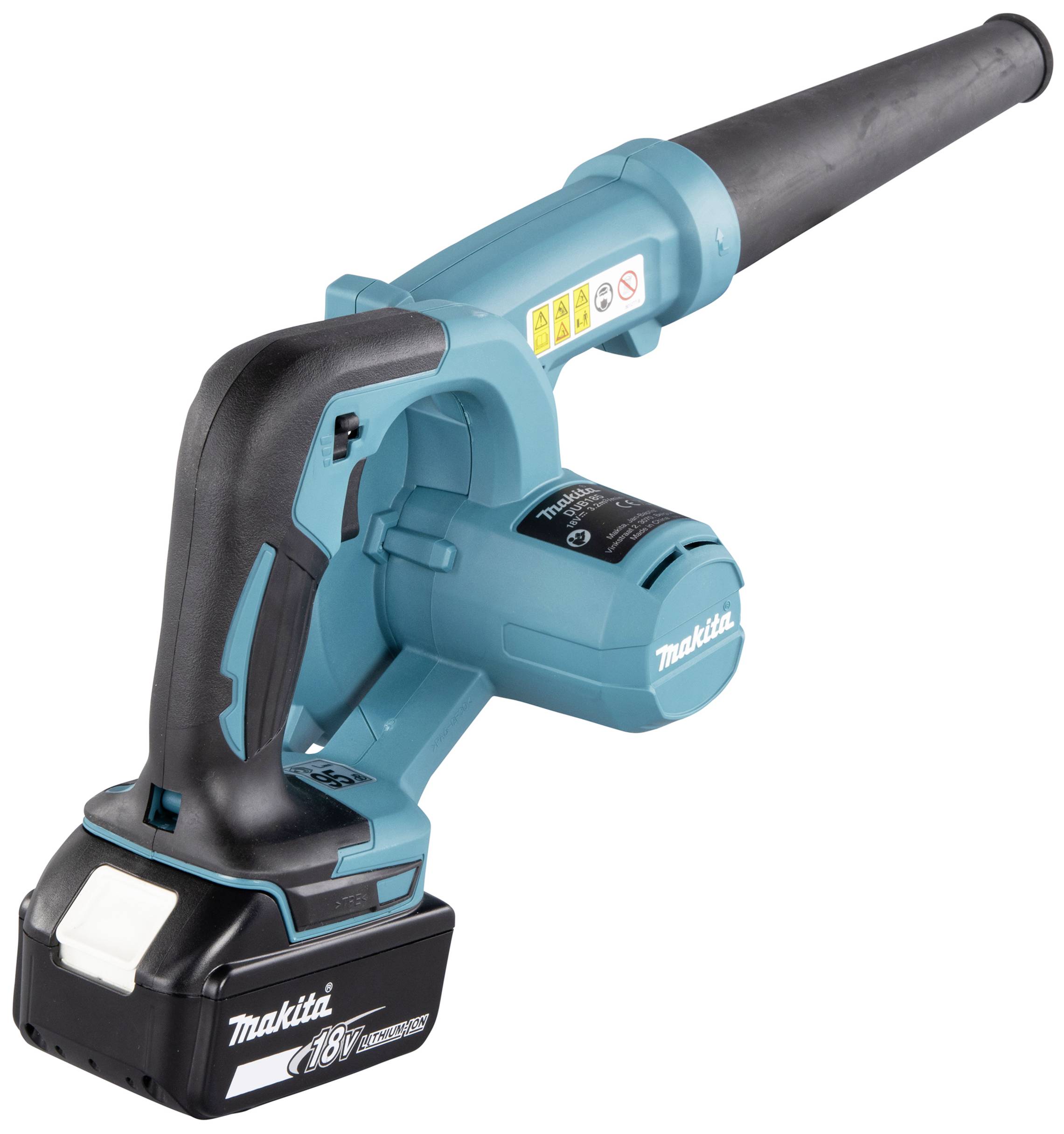 Ein kabelloses, blaues Laubgebläse mit ergonomischem Griff und sichtbarer Batterie, geeignet für Gartenarbeiten.
