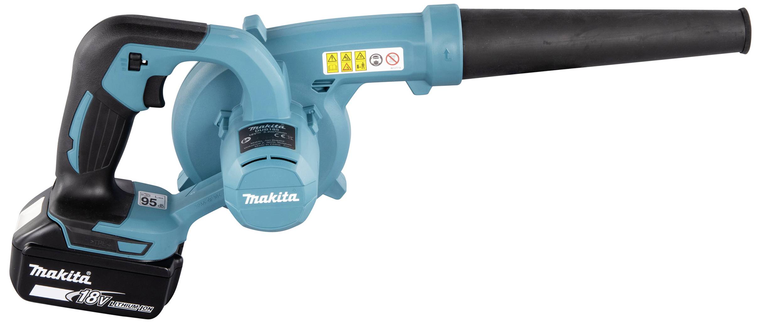 Ein kabelloses, blaues Laubgebläse von Makita mit sichtbarem Akkufach auf der linken Seite und einer schmalen Düse rechts.