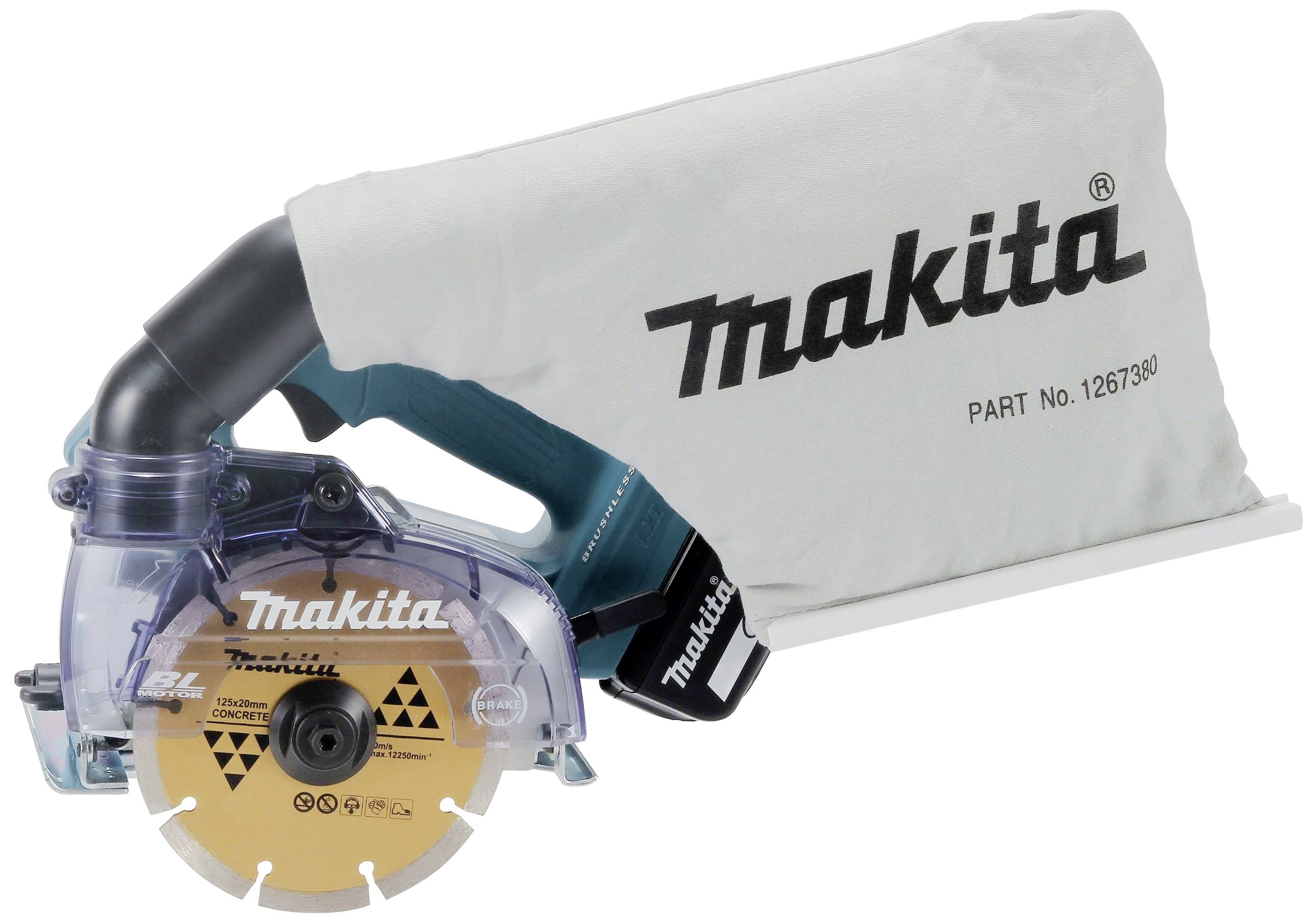 Kreissäge von Makita mit Staubsack, ergonomischem Griff und Schutzabdeckung. Geeignet für präzises Schneiden von Materialien.