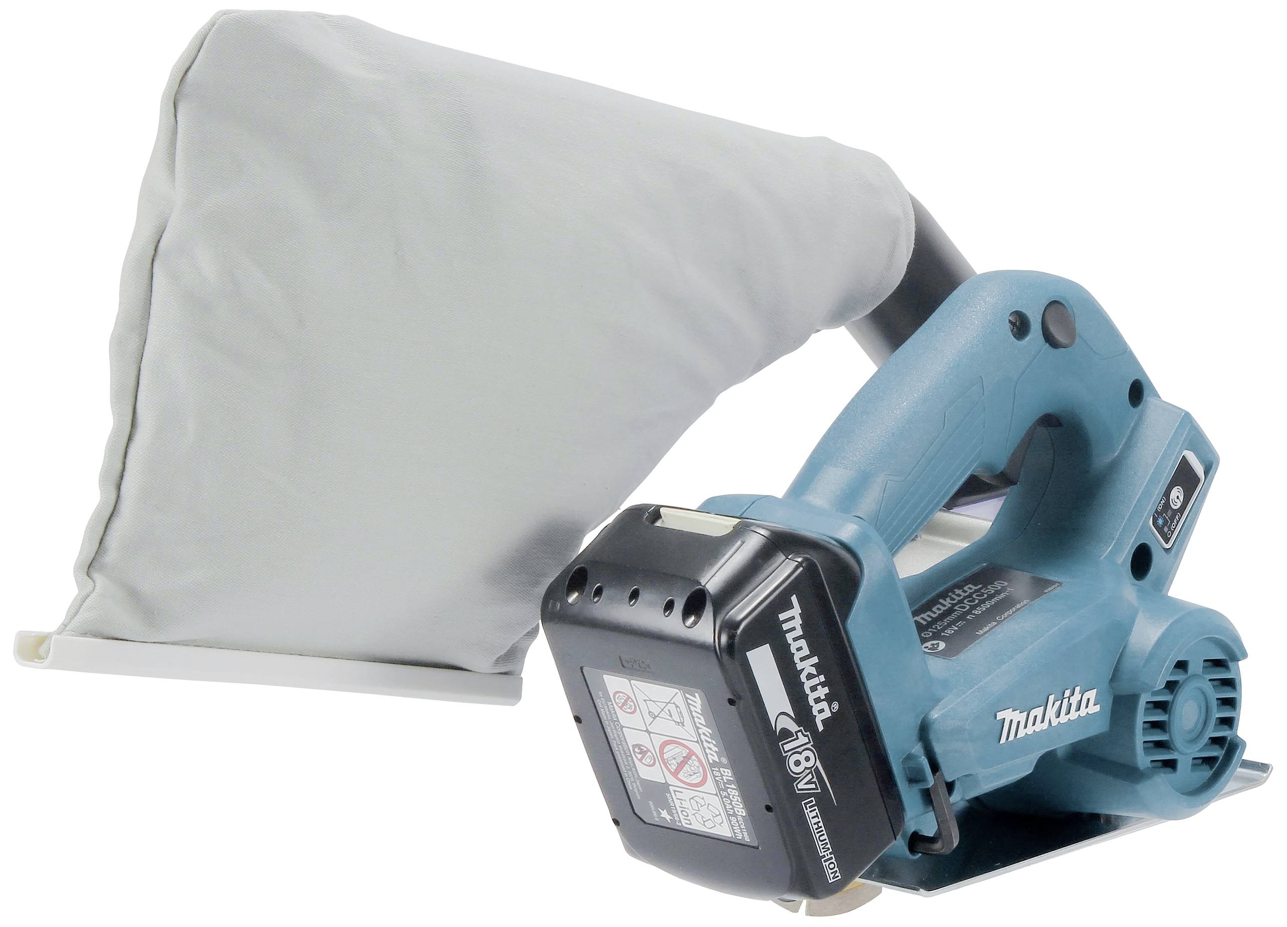 Ein blauer Makita-Akkuhobel mit Staubfangsack, geeignet für präzises Hobeln von Holzoberflächen.