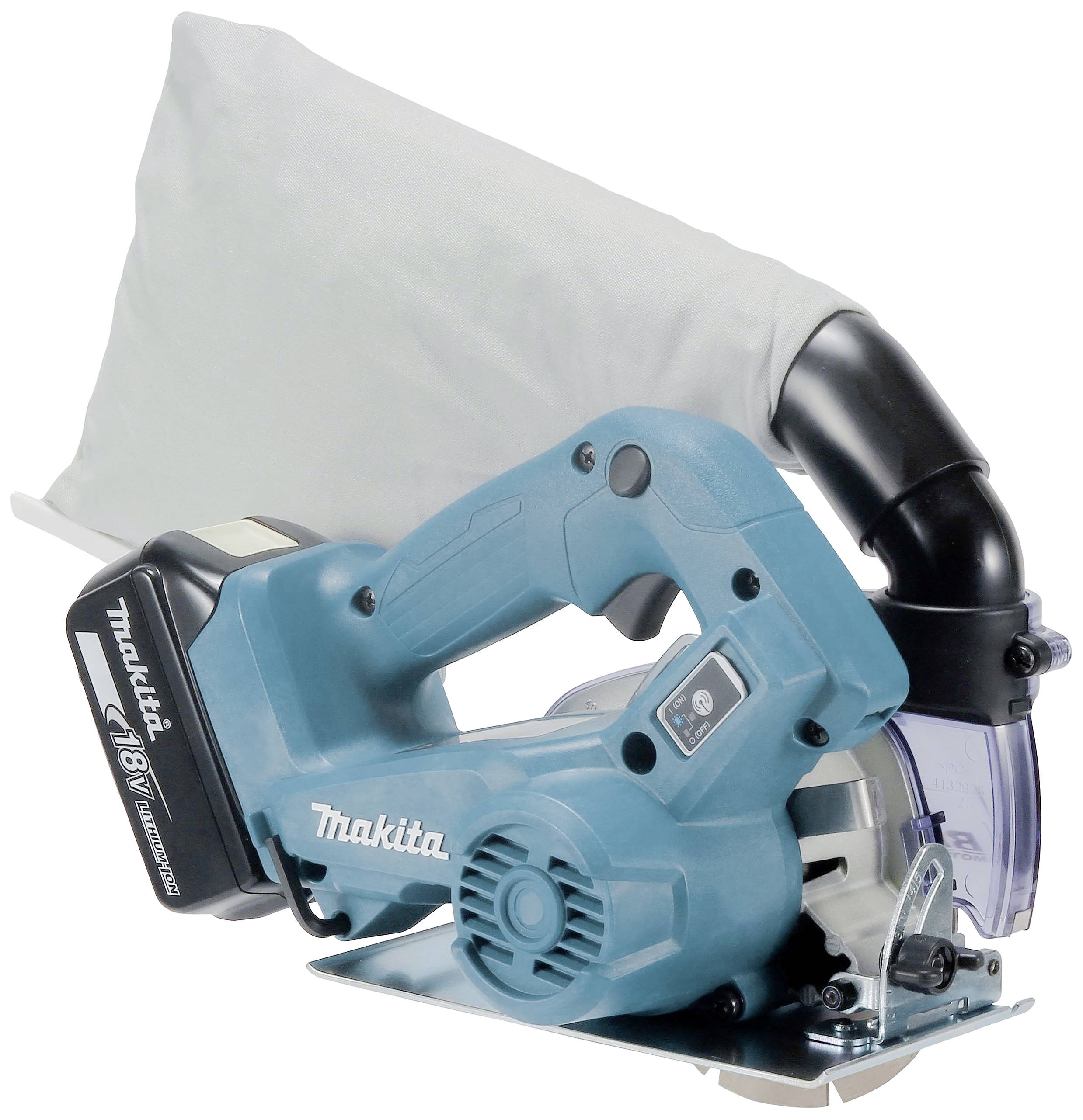 Akkubetriebene Handkreissäge mit Staubfangsack. Die Säge ist blau und für präzises Schneiden von Materialien geeignet.