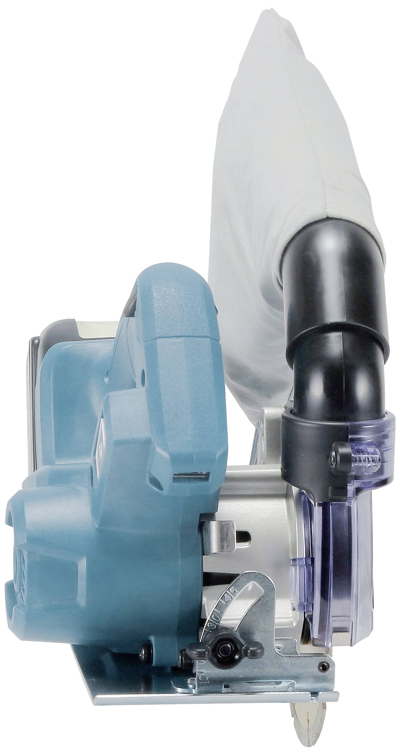 Eine blaue elektrische Handkreissäge mit einem Staubsack, vorgestellt von der Seite. Sie dient zum Schneiden von Holz.