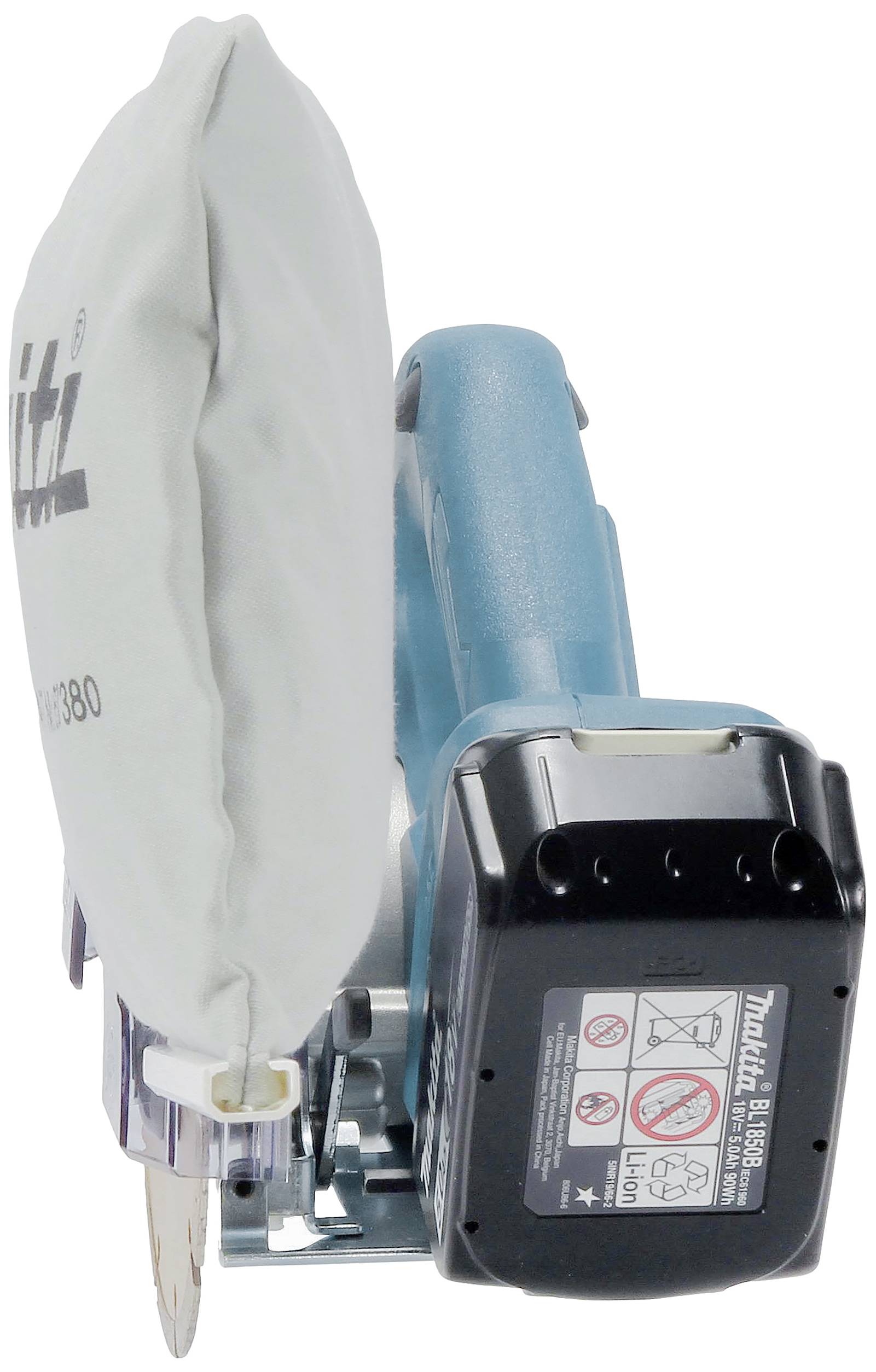 Handkreissäge mit Staubbeutel, Akku betrieben. 툴 Von 'Makita', Klinge sichtbar. Designed für Holzarbeiten und transportabel.