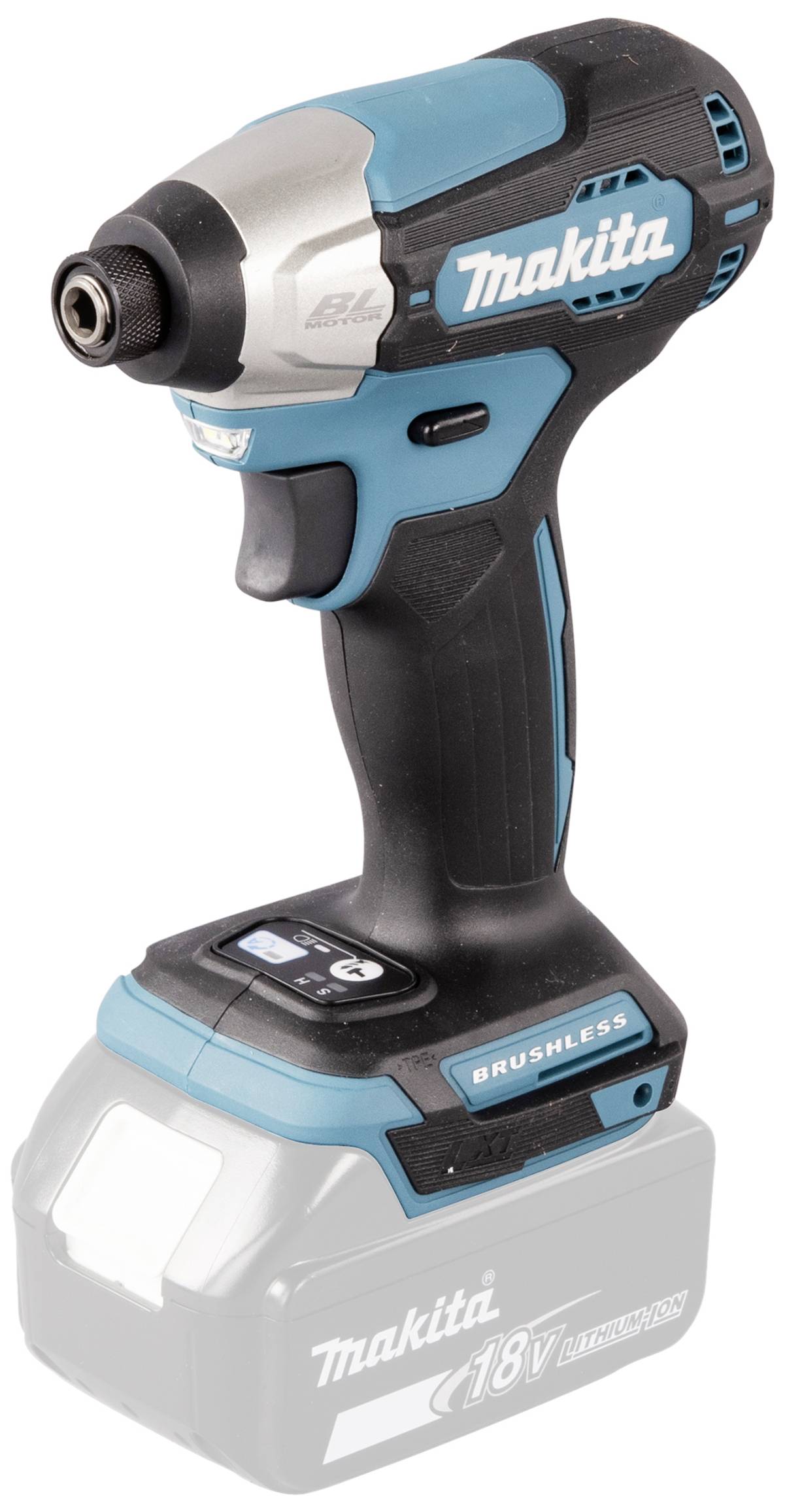 Akkuschrauber von Makita in blauer und schwarzer Farbe. Werkzeug mit ergonomischem Griff und integriertem Akku im unteren Bereich.
