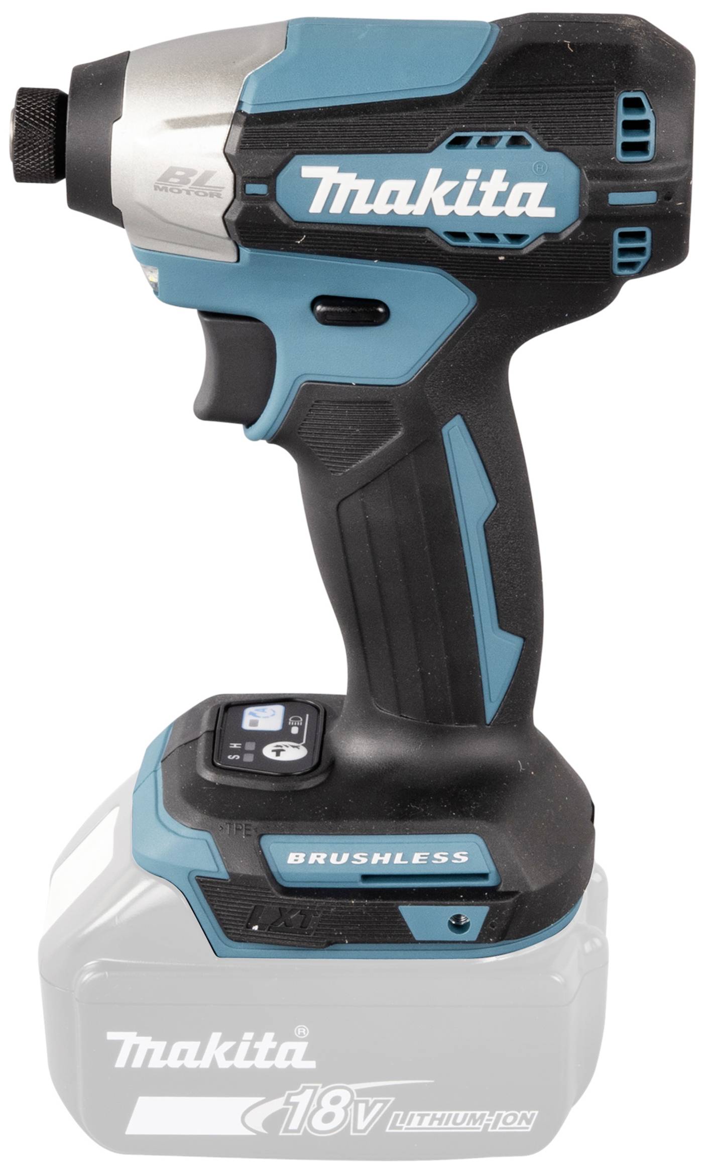 Ein blauer, kabelloser Makita-Akkuschrauber 18V mit bürstenlosem Motor. Seitenansicht, zeigt Markenlogo und kompakte Bauweise.