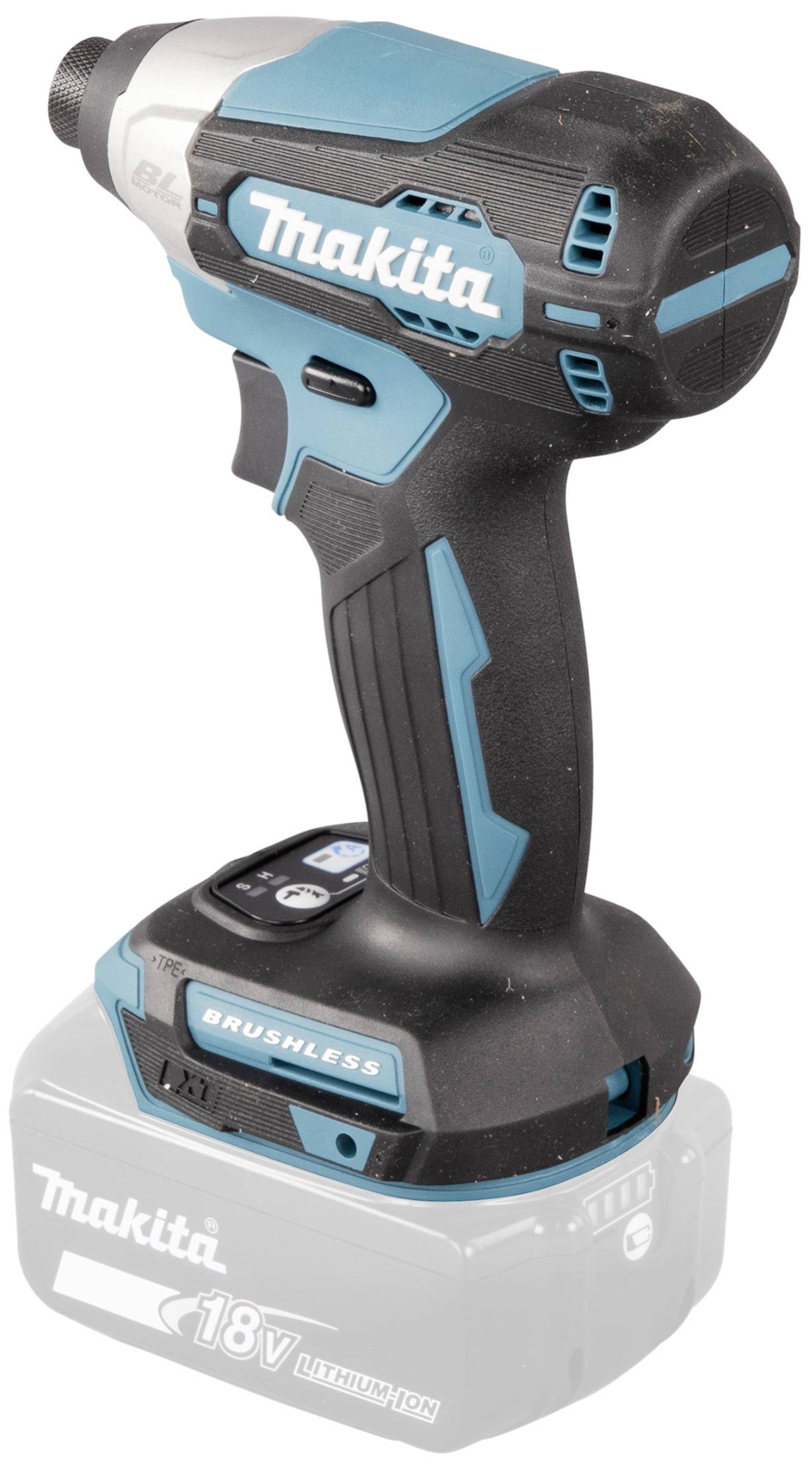 Akkuschrauber von Makita, schwarz-blaues Design, 18V Li-Ionen-Akku, bürstenloser Motor für effiziente Leistung.