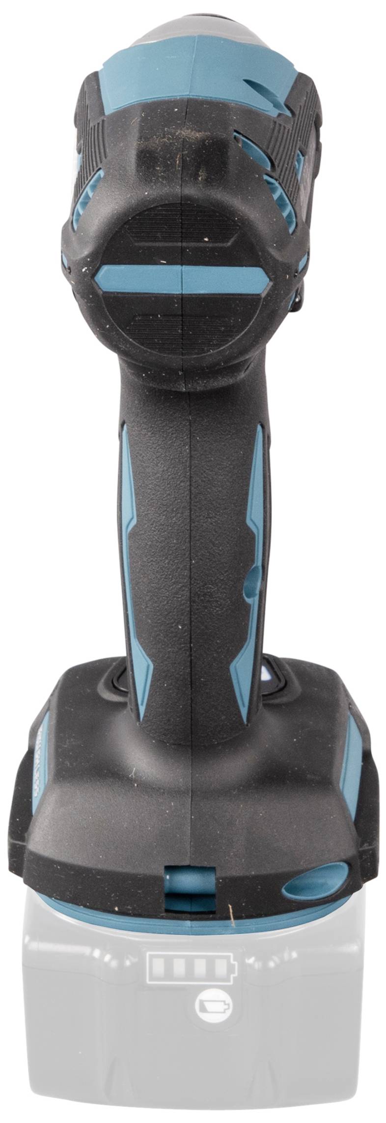 Akkubohrschrauber von oben in Schwarz und Blau, ohne sichtbaren Bohreraufsatz, mit ergonomischem Griff und kompaktem Design.