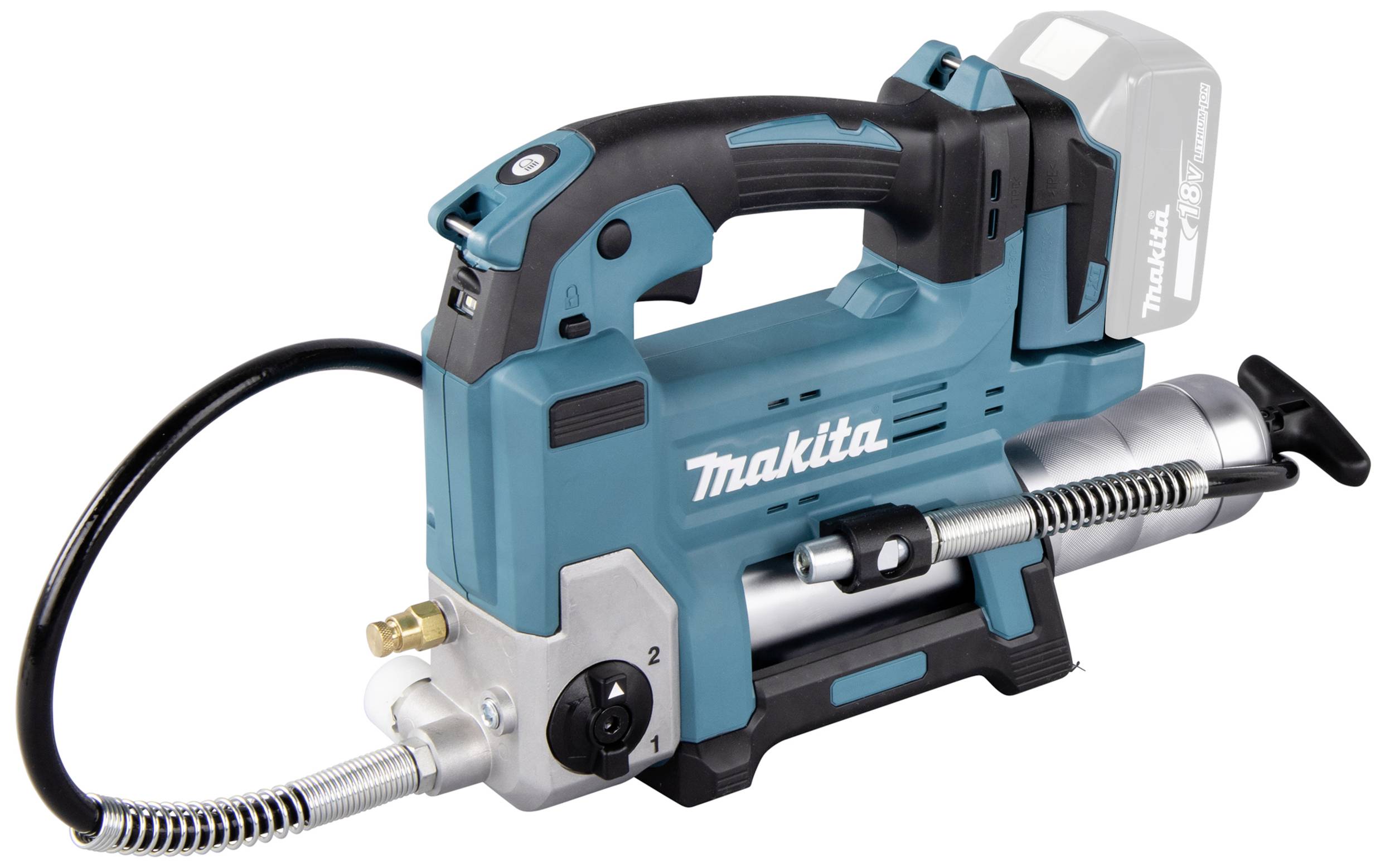 Akkubetriebene Fettpresse in Blau und Schwarz, mit Makita-Logo. Geeignet zum Schmieren von Maschinen oder Fahrzeugen.