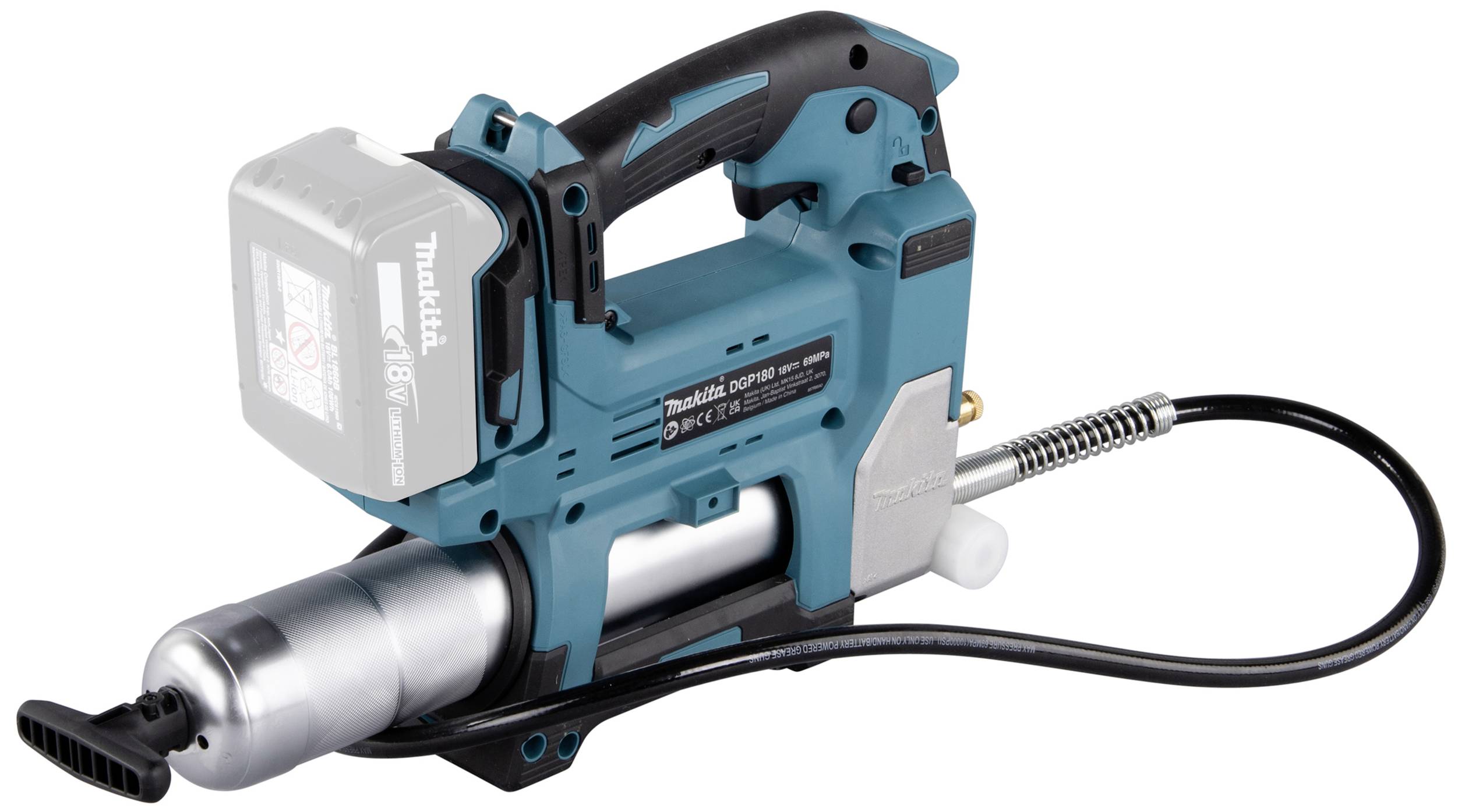 Ein türkisfarbener, akkubetriebener Elektrowerkzeug-Fettpressen mit schwarzem Griff und abnehmbarem Akku, liegend auf weißem Hintergrund.