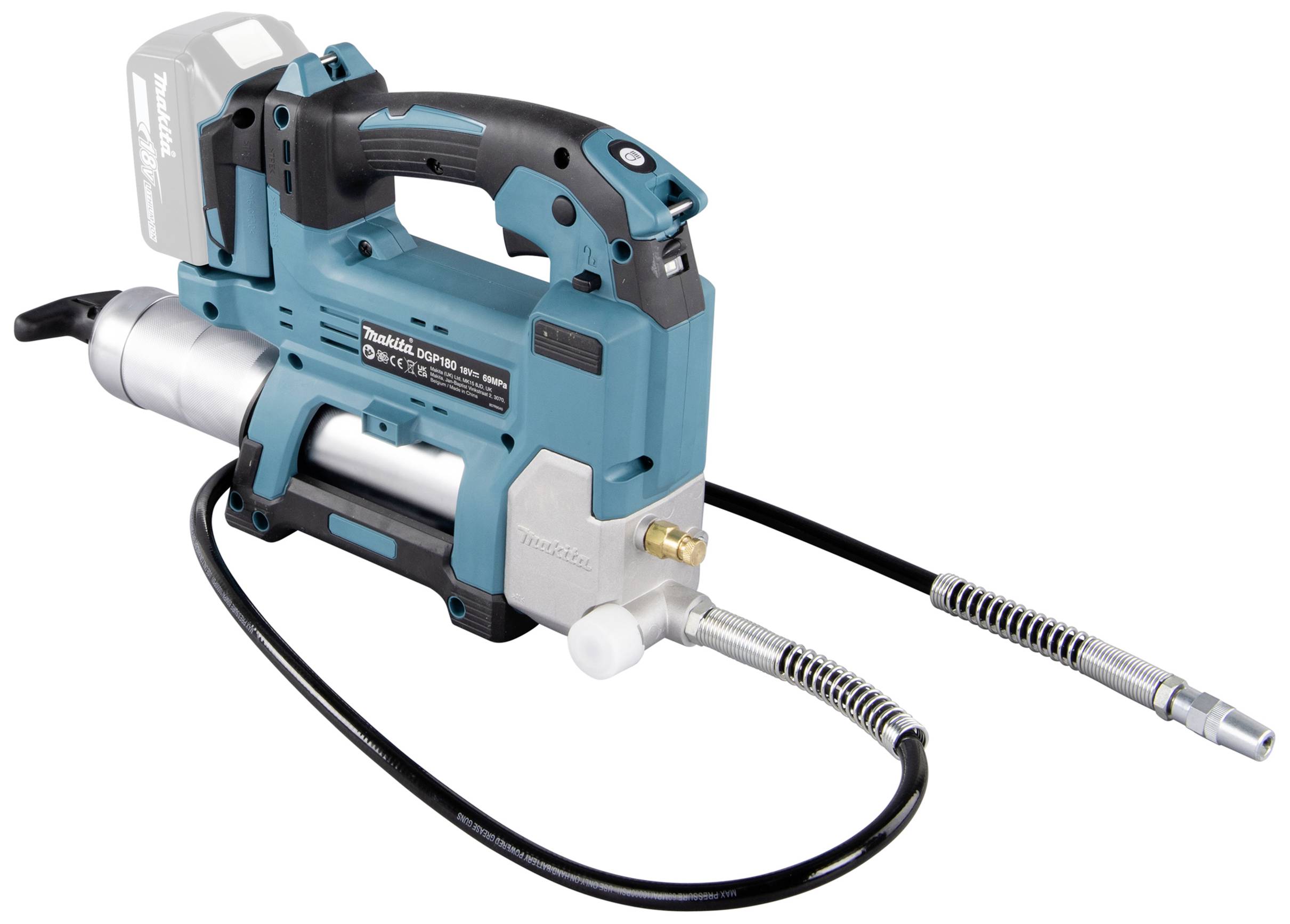 Ein blaues Akku-Fettpresse-Werkzeug mit flexiblem Schlauch und Handgriff, auf weißem Hintergrund dargestellt.