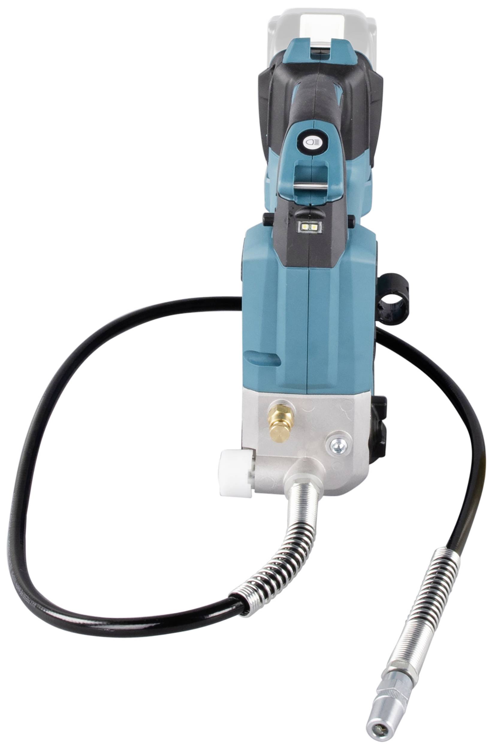 Elektrisches Handgerät mit blauem Gehäuse und langem, schwarzem Schlauch. Vermutlich zum Sprühen oder Auftragen von Flüssigkeiten.